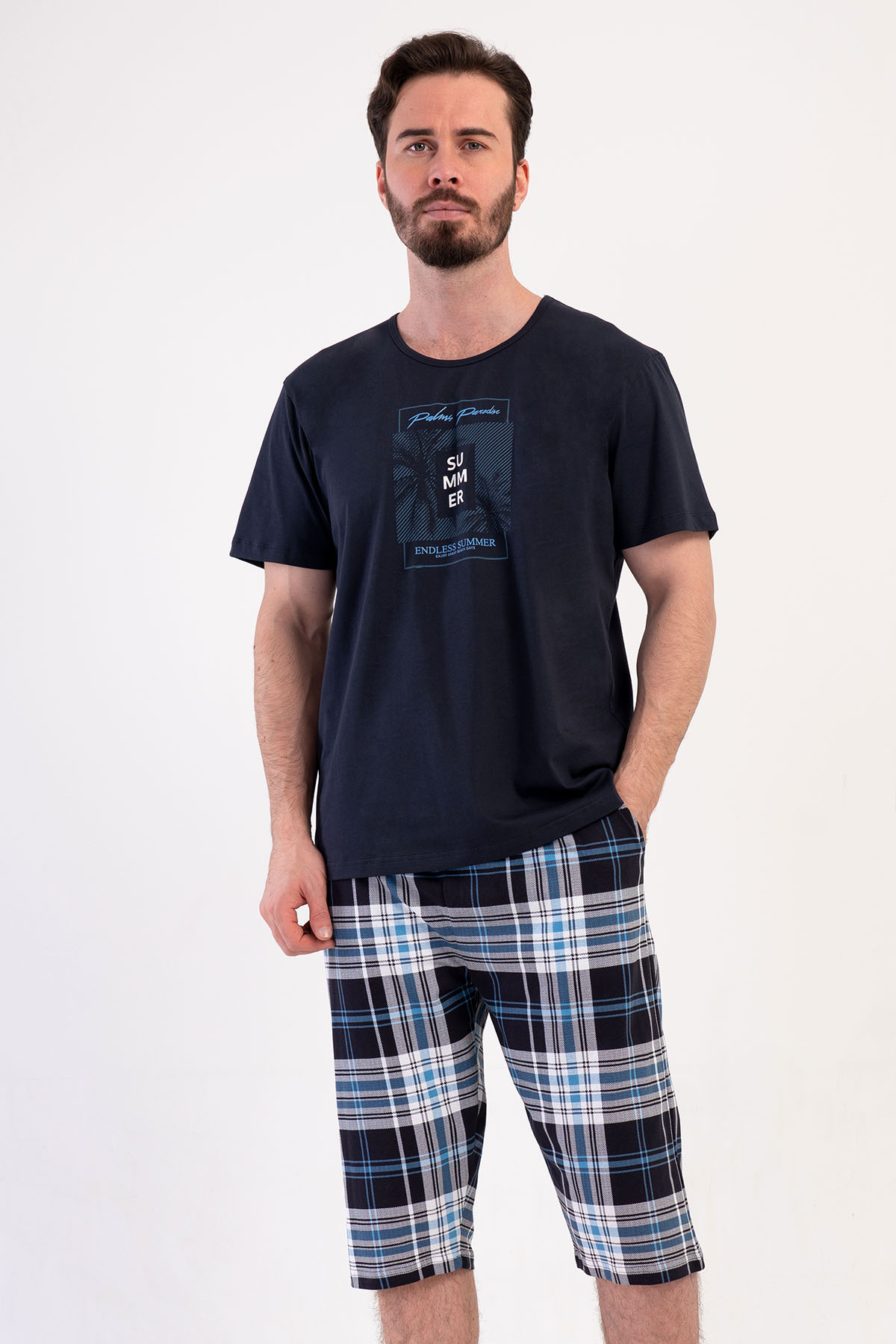 Pamuklu Erkek Kısa Kol Kaprili Pijama Takım
