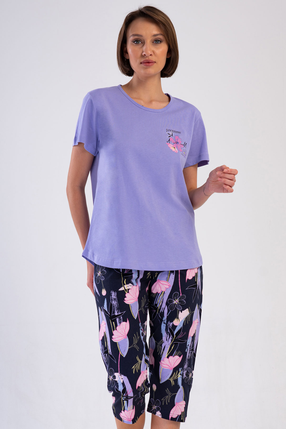 Pamuklu Kadın Büyük Beden Kısa Kol Kaprili Pijama Takım

