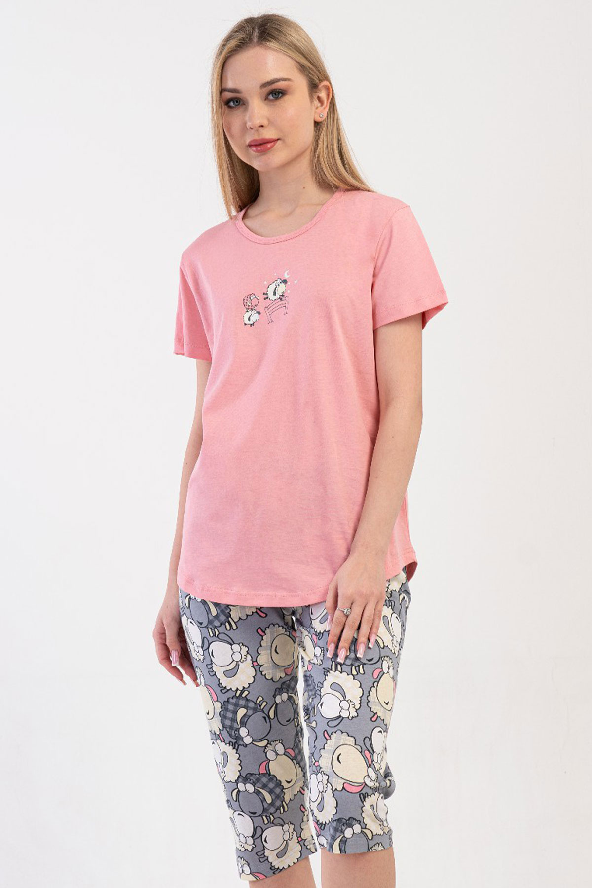 Pamuklu Kadın Kısa Kol Kaprili Pijama Takım
