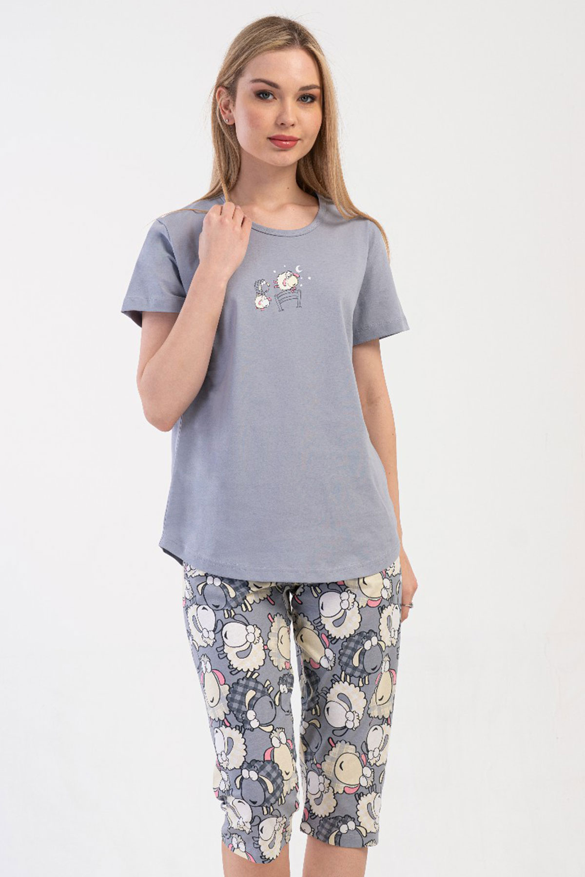 Pamuklu Kadın Kısa Kol Kaprili Pijama Takım
