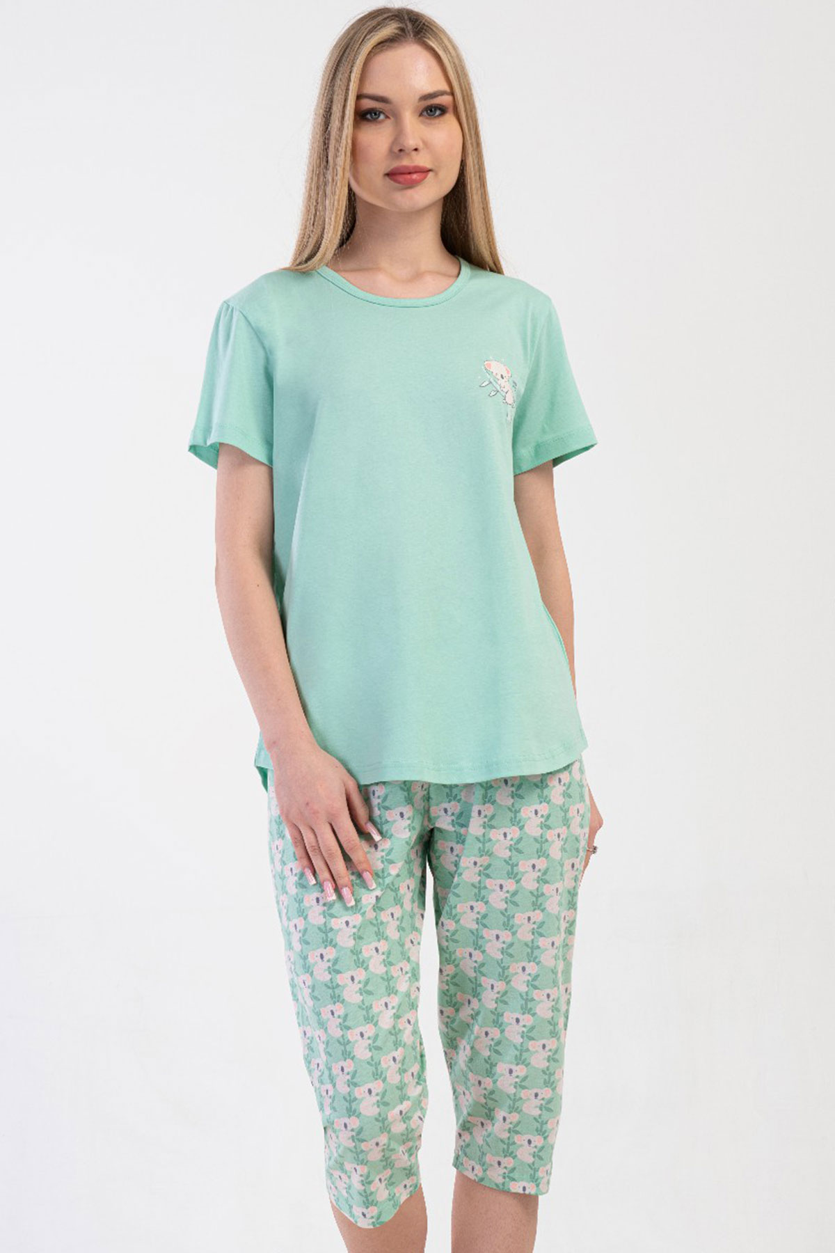 Pamuklu Kadın Büyük Beden Kısa Kol Kaprili Pijama Takım
