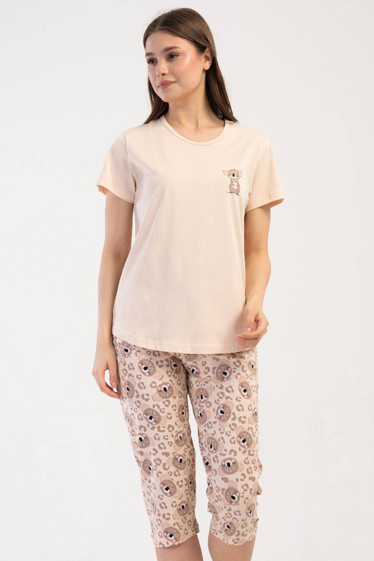 Pamuklu Kadın Kısa Kol Kaprili Pijama Takım
