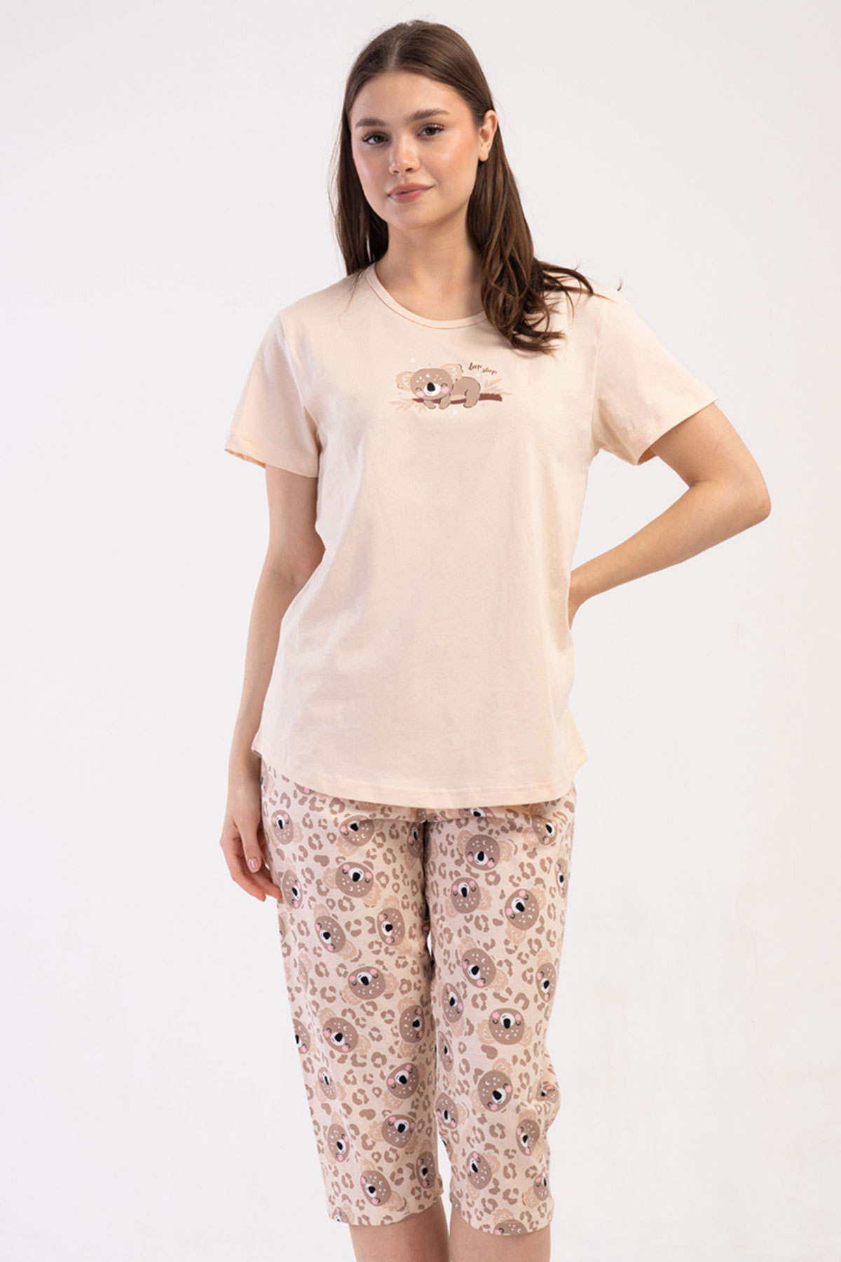 Pamuklu Kadın Büyük Beden Kısa Kol Kaprili Pijama Takım
