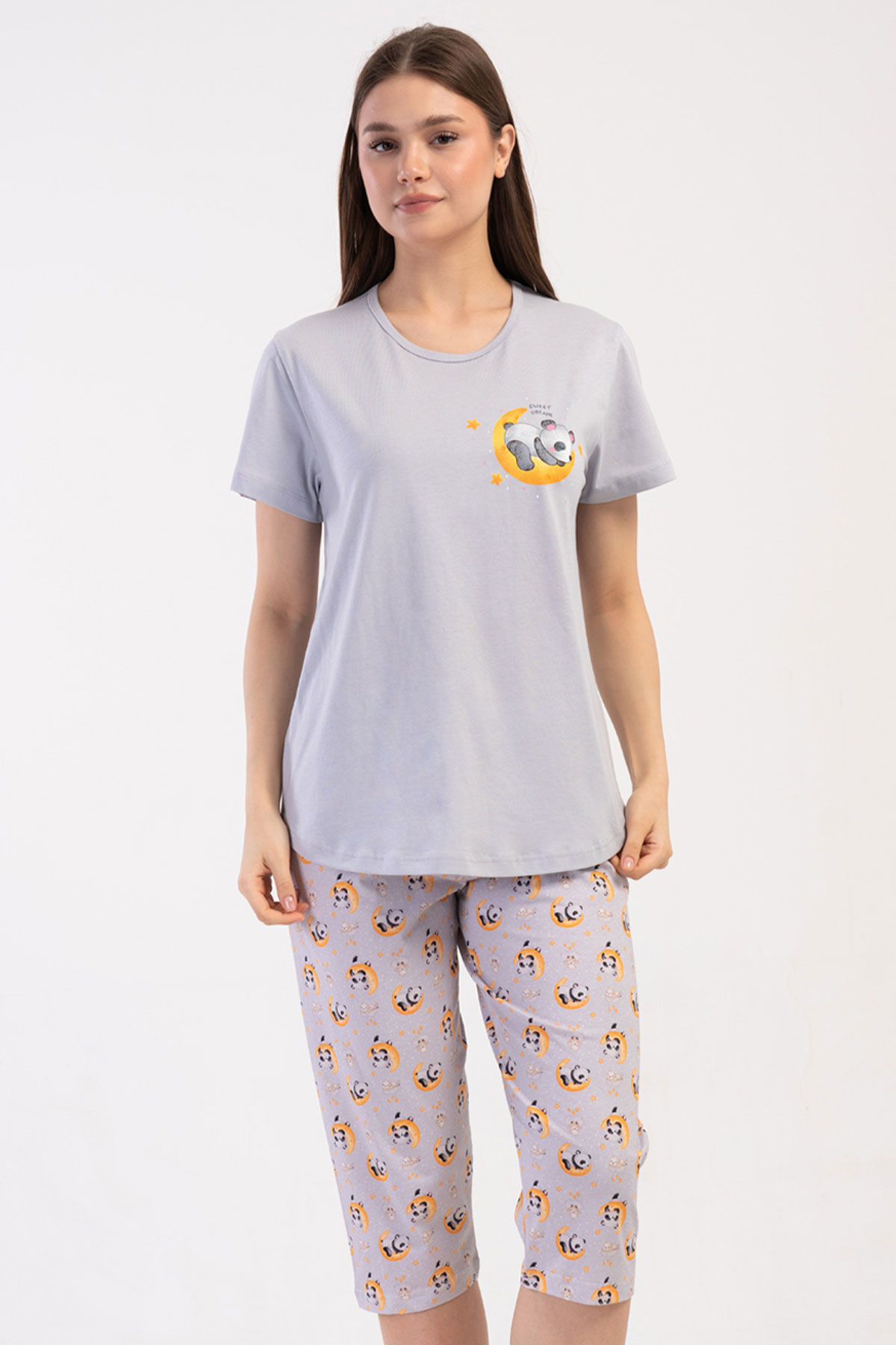 Pamuklu Kadın Büyük Beden Kısa Kol Kaprili Pijama Takım
