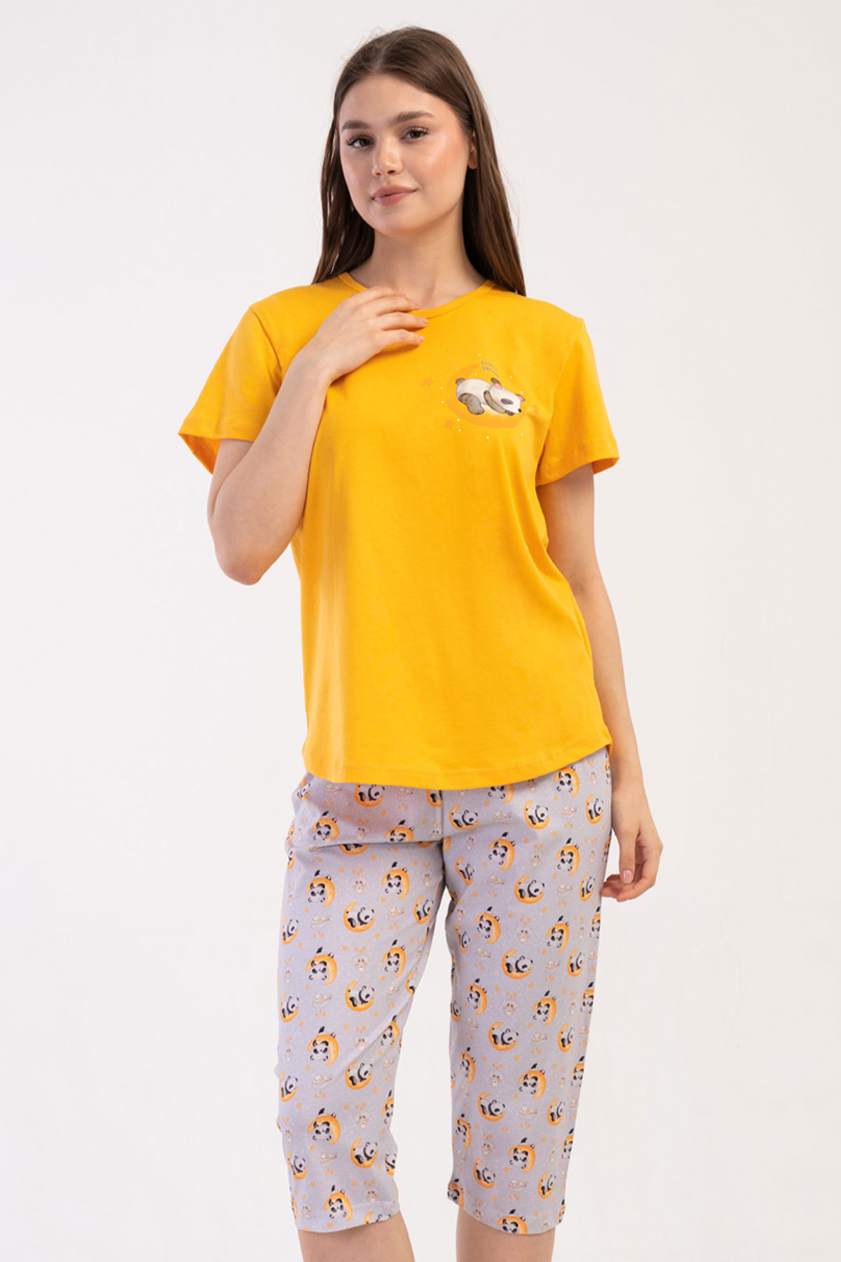 Pamuklu Kadın Büyük Beden Kısa Kol Kaprili Pijama Takım
