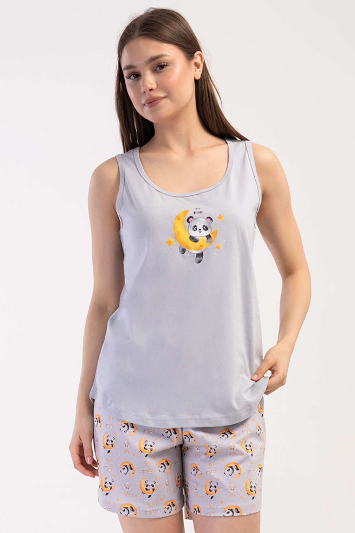 Pamuklu Kadın Büyük Beden Genıs Askılı Şortlu Pijama Takım
