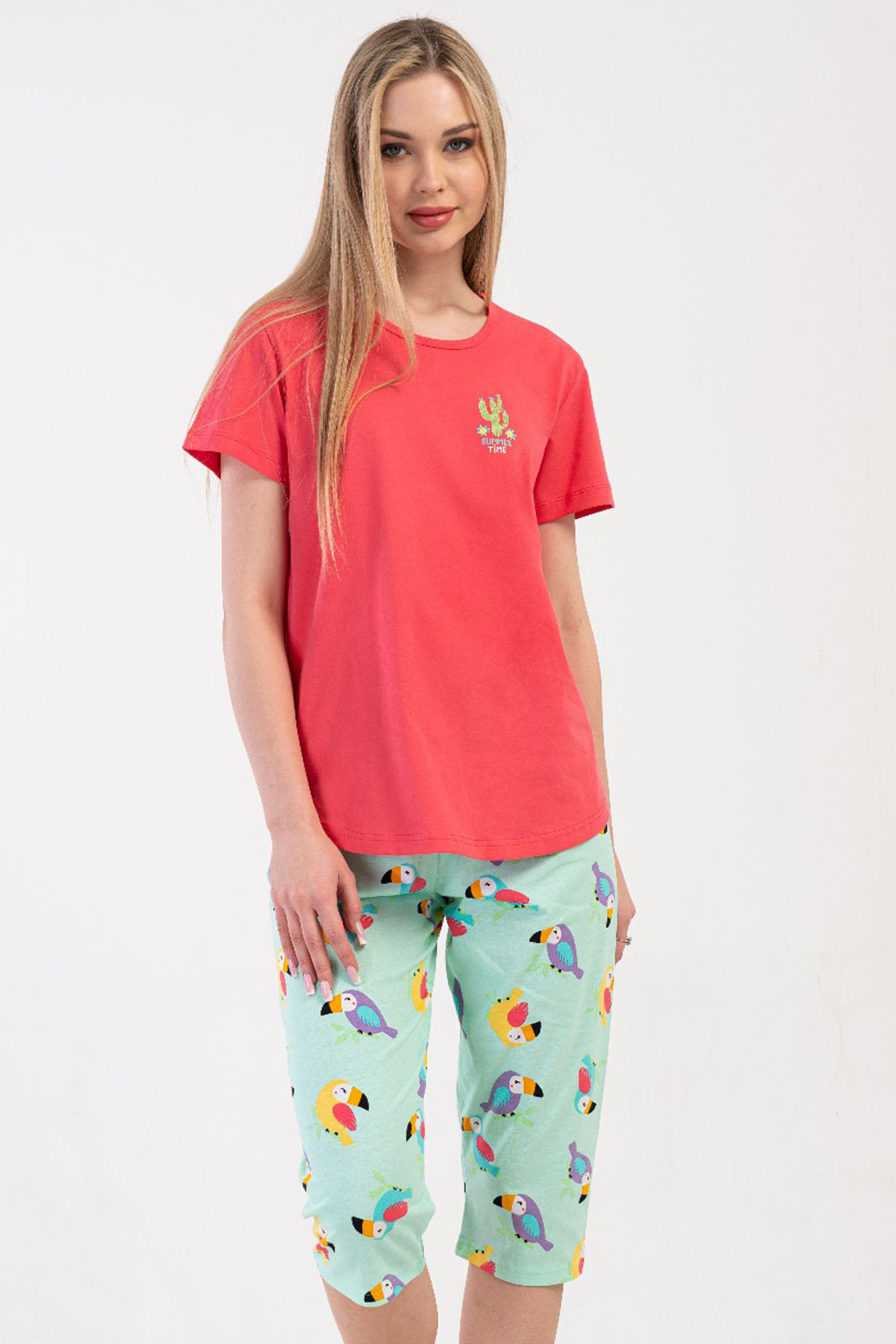 Pamuklu Kadın Kısa Kol Kaprili Pijama Takım
