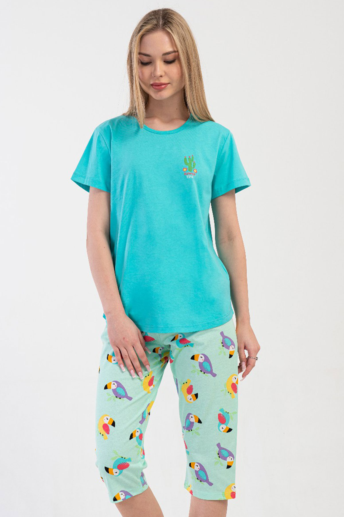 Pamuklu Kadın Kısa Kol Kaprili Pijama Takım
