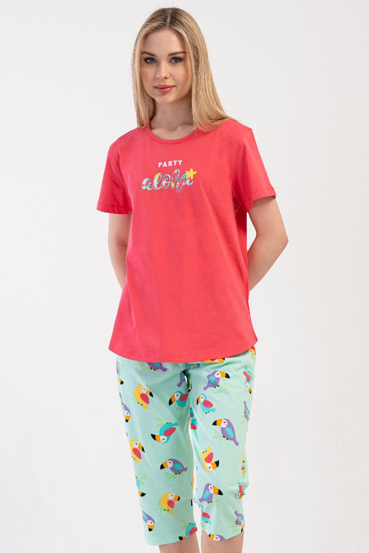 Pamuklu Kadın Büyük Beden Kısa Kol Kaprili Pijama Takım
