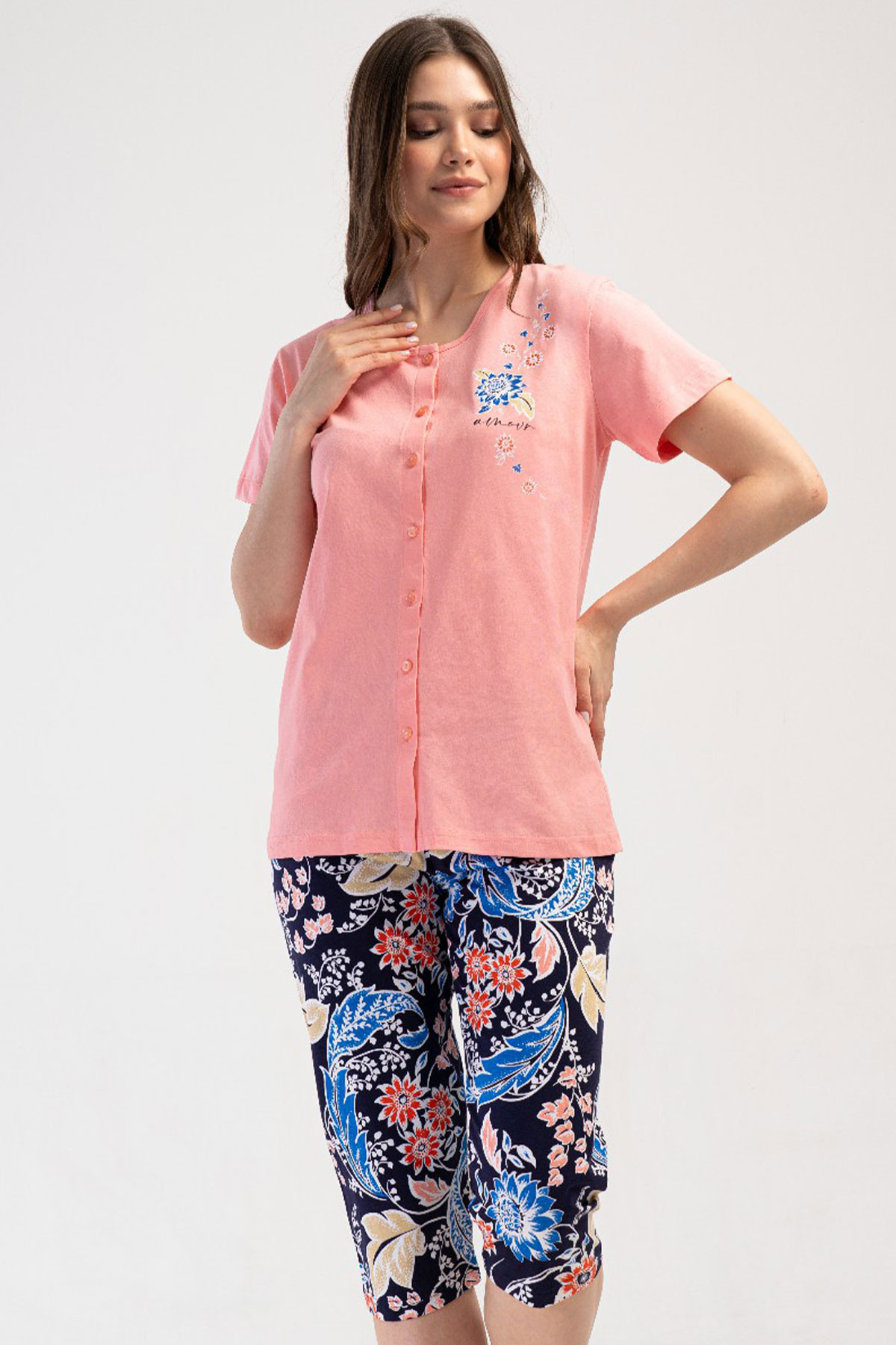 Pamuklu Kadın Tamamı Düğmeli Kısa Kol Kaprili Pijama Takım
