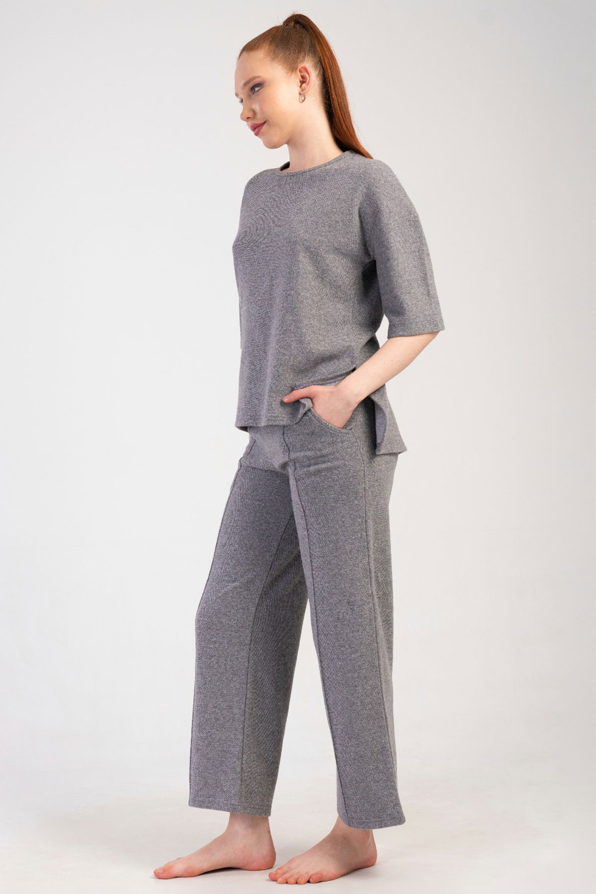 Kadın Jakarlı İnterlok Düşük Omuzlu Kısa Kol Nervurlu Pijama Takım
