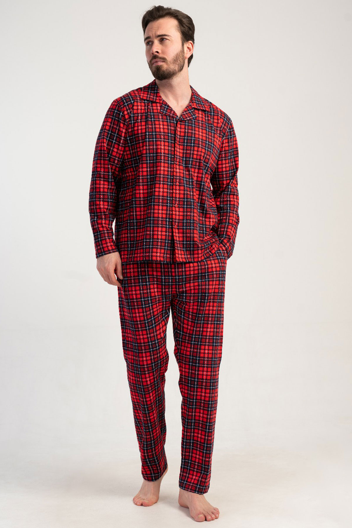 Pamuklu Erkek Yaka Tamamı Düğmeli Uzun Kol Pijama Takım
