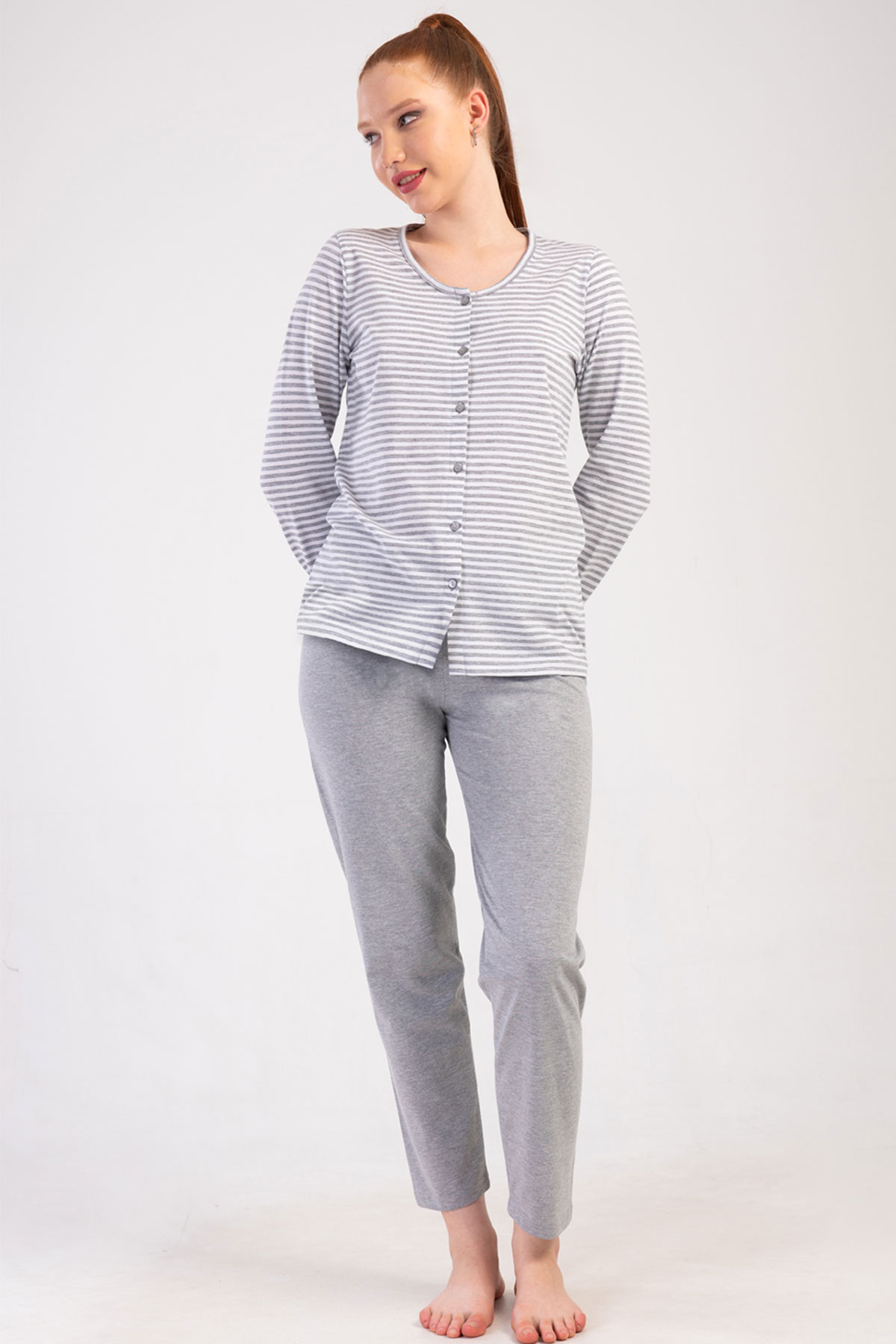 Kadın Tamamı Düğmeli Uzun Kol Pijama Takım
