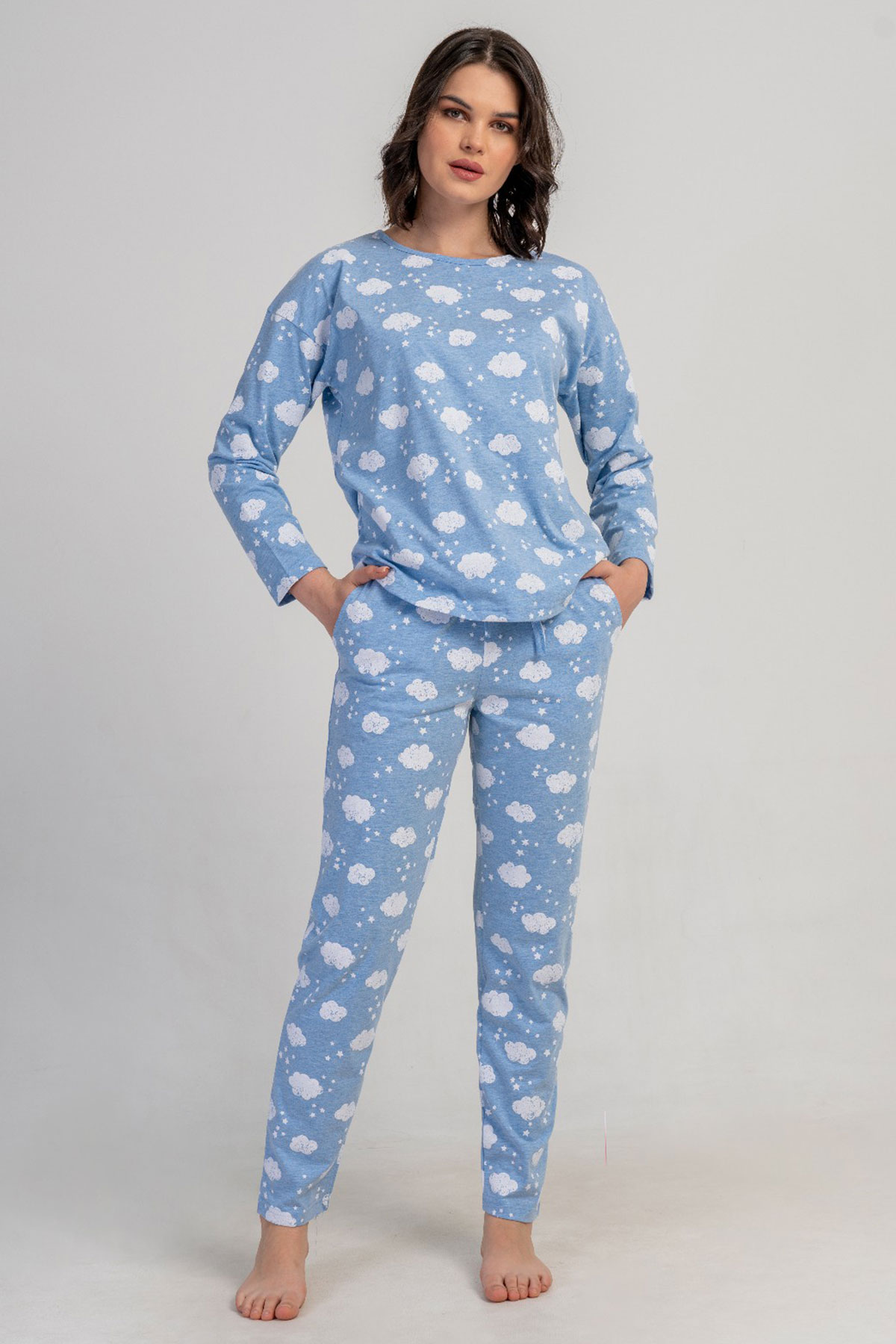 Kadın Düşük Omuzlu Uzun Kol Pijama Takım
