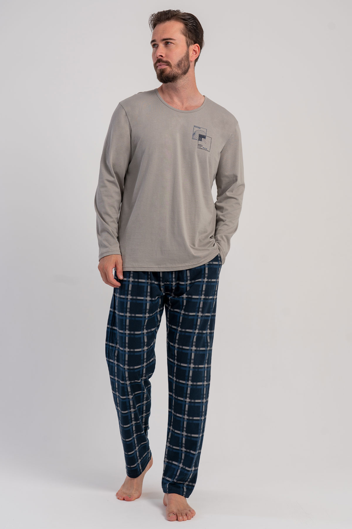 Pamuklu Erkek Büyük Beden Uzun Kol Pijama Takım
