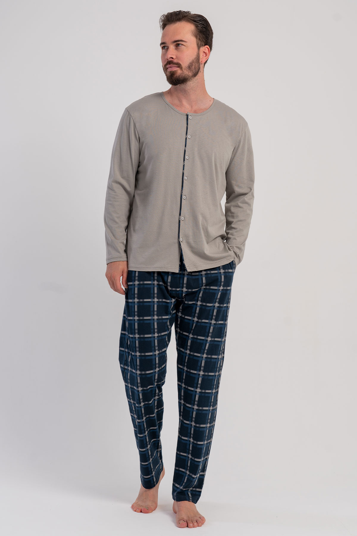 Pamuklu Erkek Tamamı Düğmeli Uzun Kol Pijama Takım

