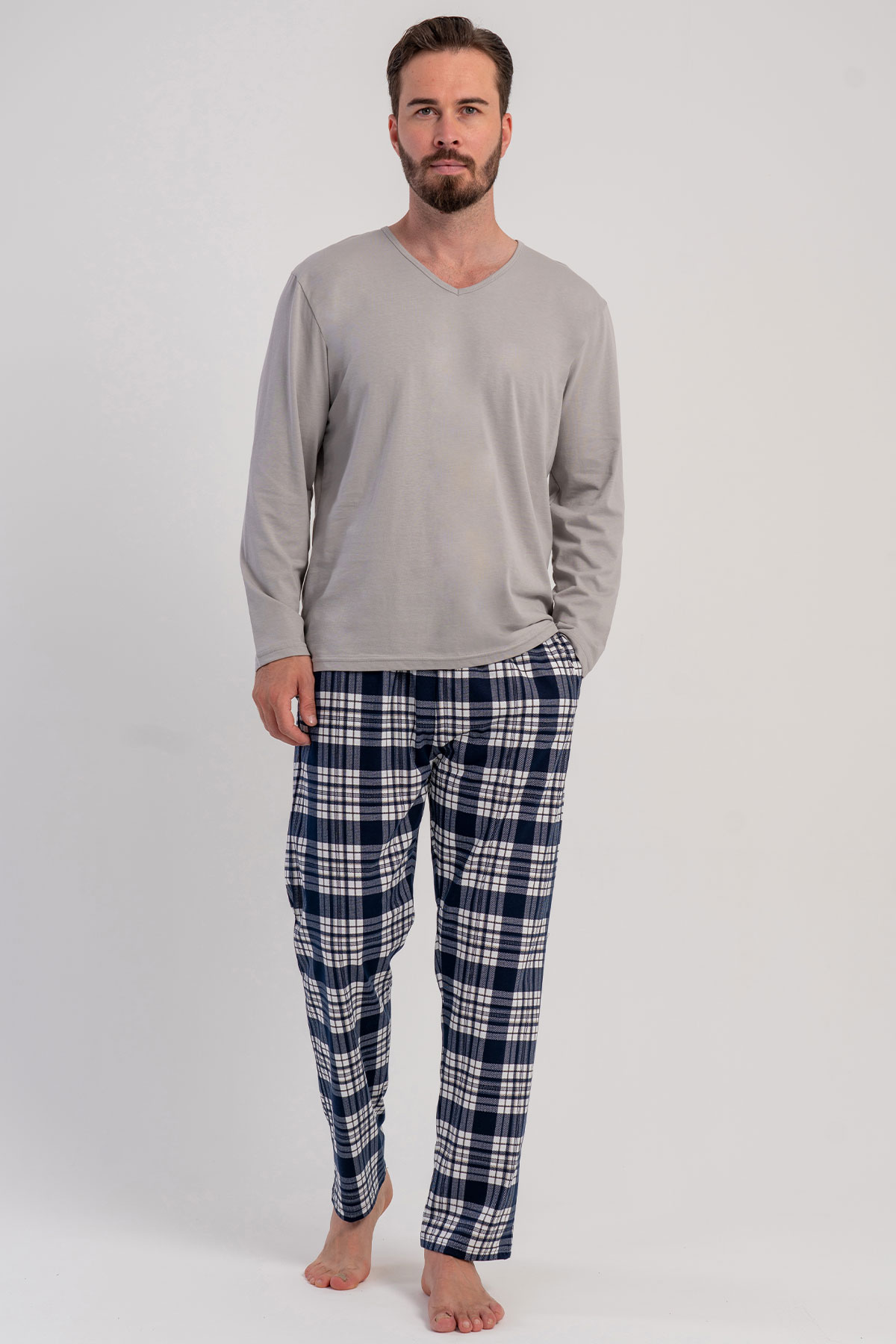 Pamuklu Erkek Büyük Beden V Yaka Uzun Kol Pijama Takım

