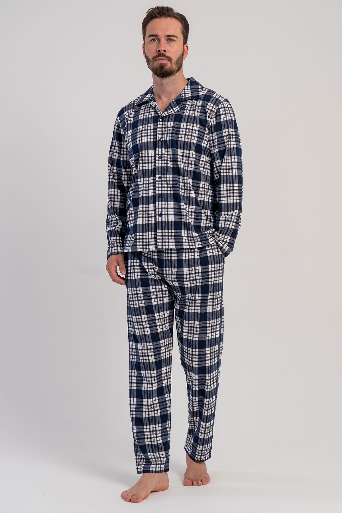 Pamuklu Erkek Yaka Tamamı Düğmeli Uzun Kol Pijama Takım
