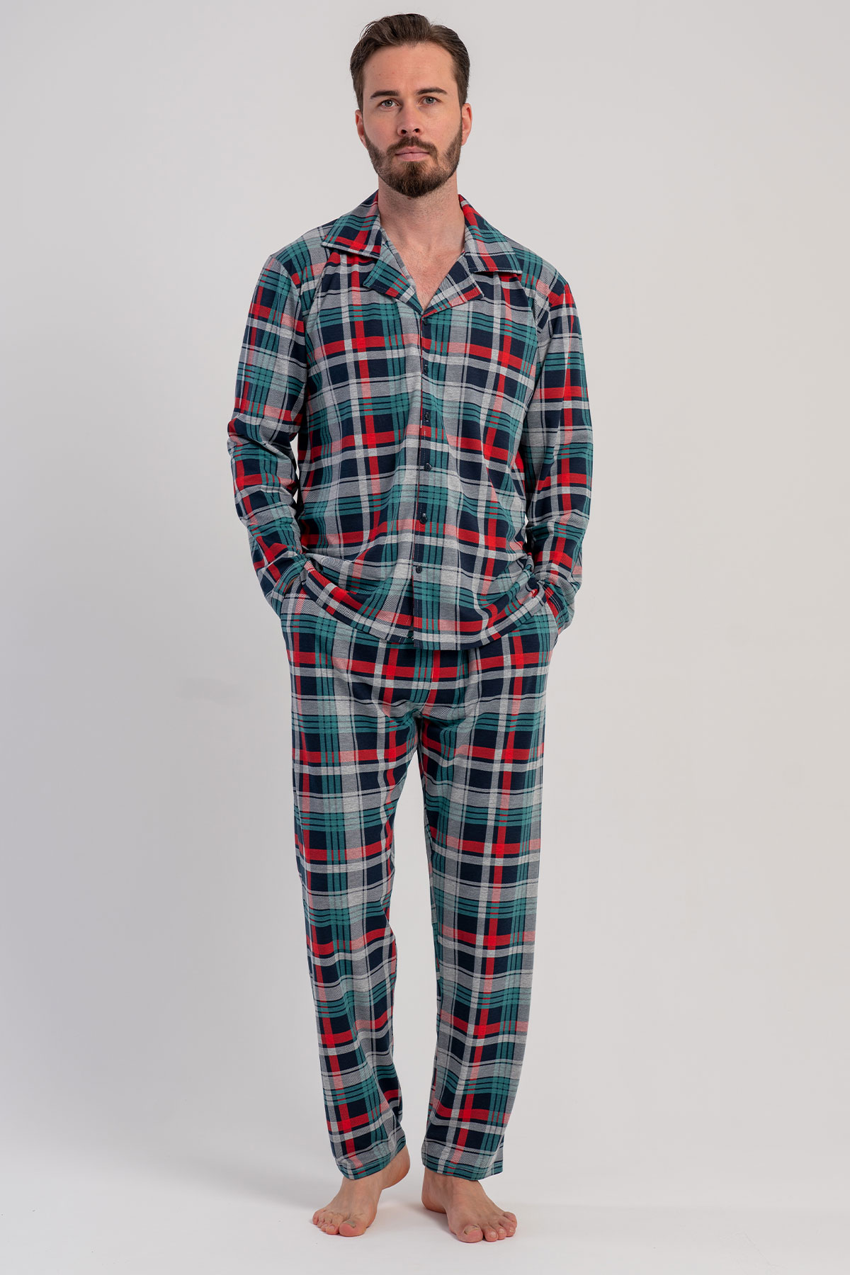 Erkek Tamamı Düğmeli Uzun Kol Pijama Takım
