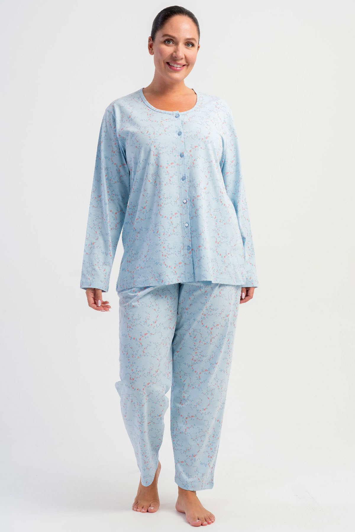 Pamuklu Kadın Büyük Beden Tamamı Düğmeli Uzun Kol Pijama Takım
