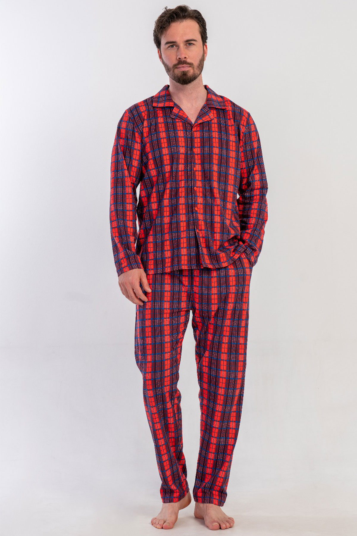 Pamuklu Erkek Yaka Tamamı Düğmeli Uzun Kol Pijama Takım
