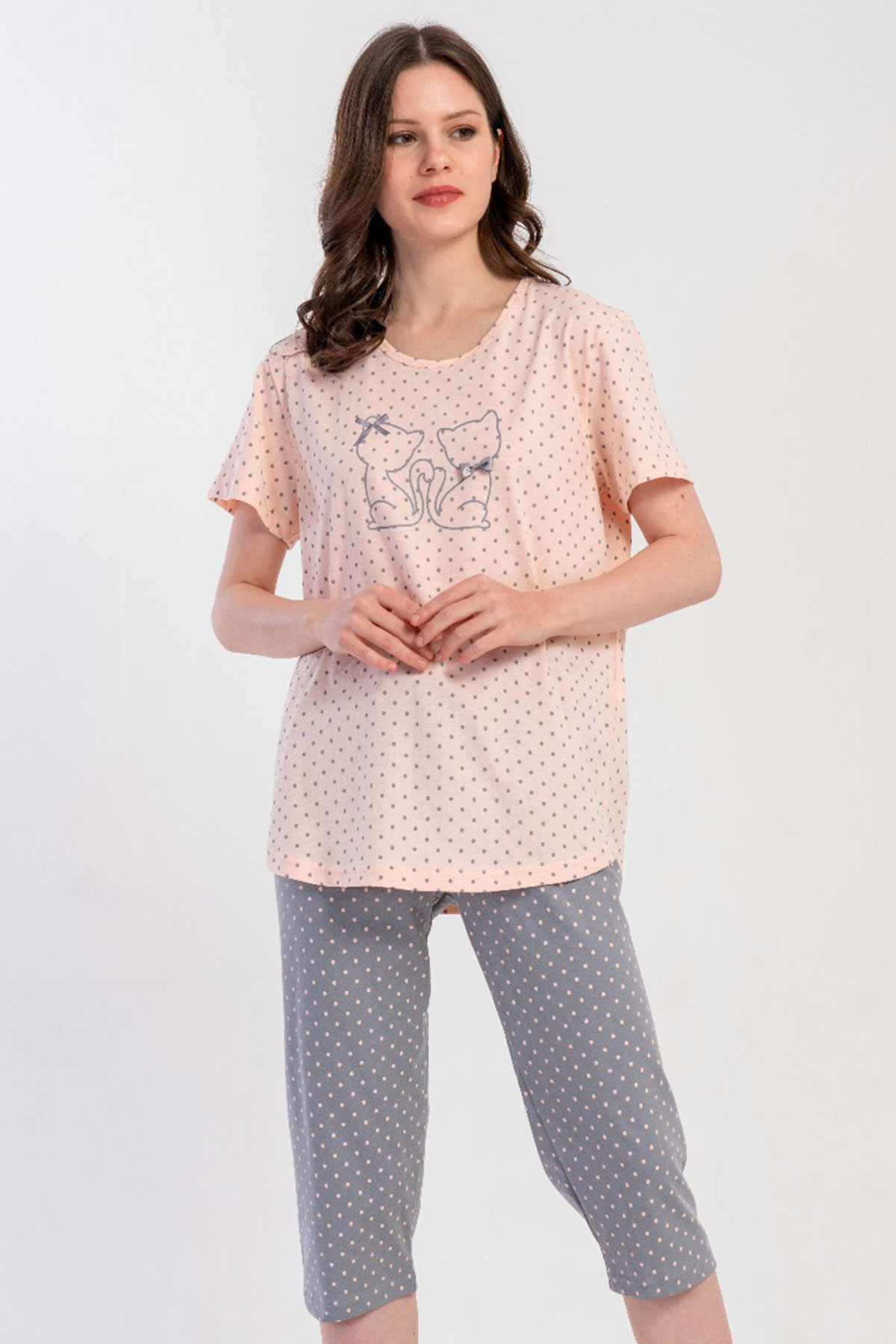 Pamuklu Kadın Büyük Beden Kısa Kol Kaprili Pijama Takım
