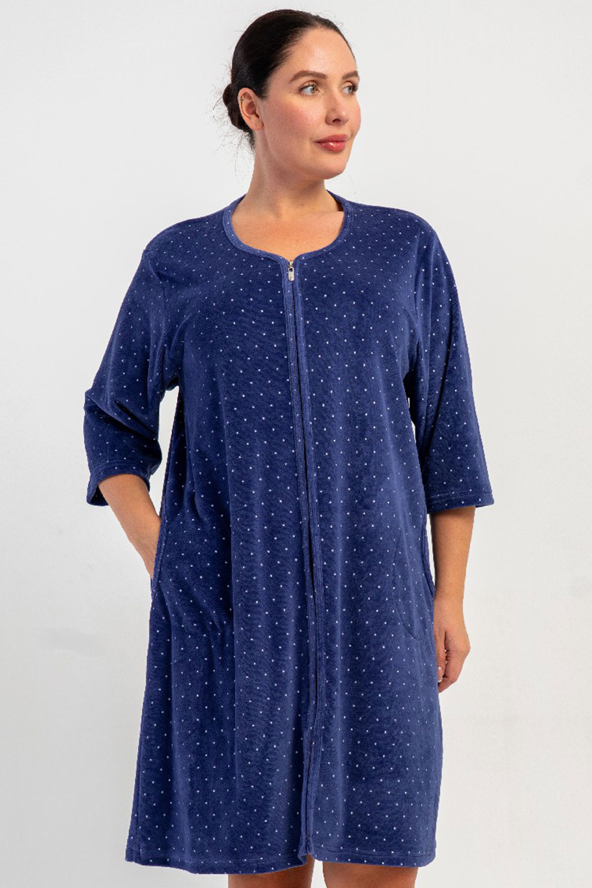 Kadın Pamuk Kadife büyük Beden Fakir Kol Fermuarlı Gecelik
