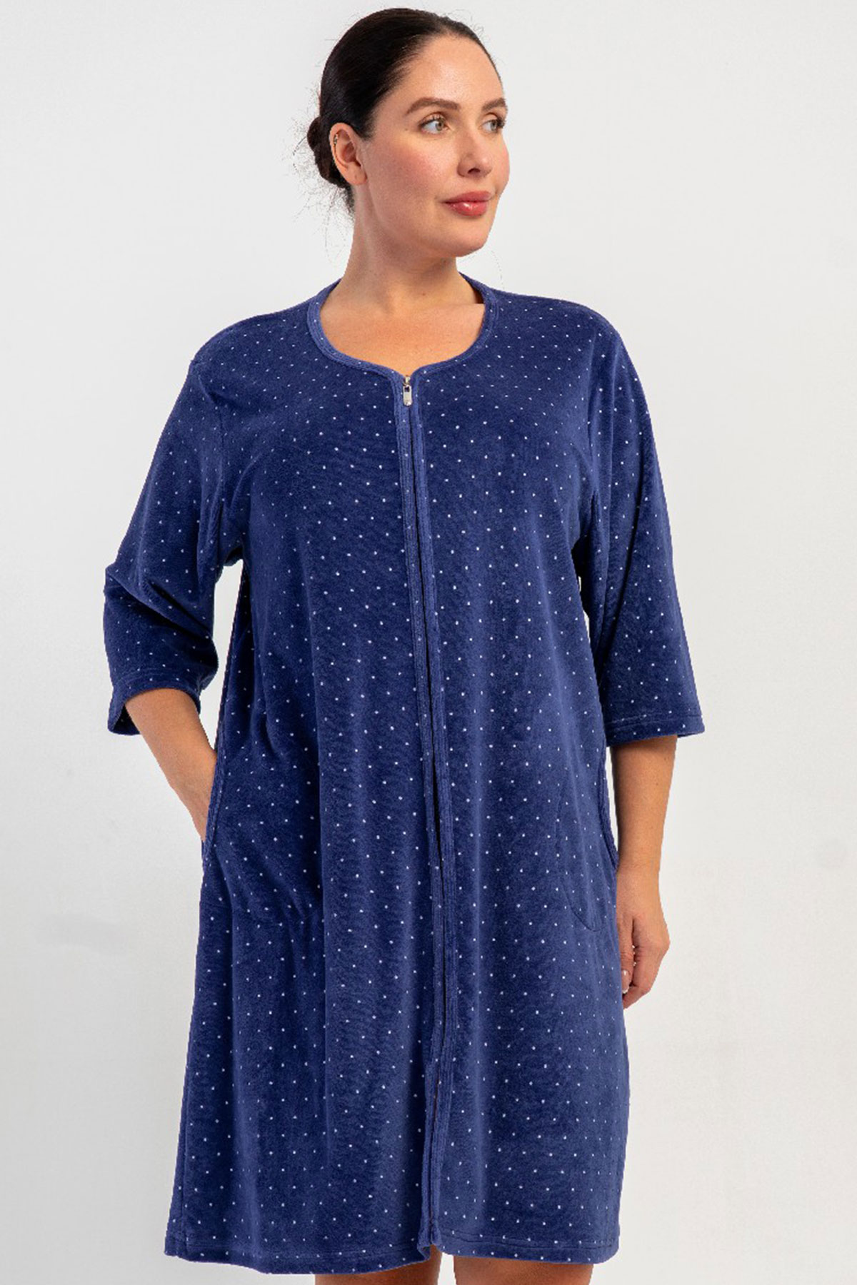 Kadın Pamuk Kadife büyük Beden Fakir Kol Fermuarlı Ev Elbisesi
