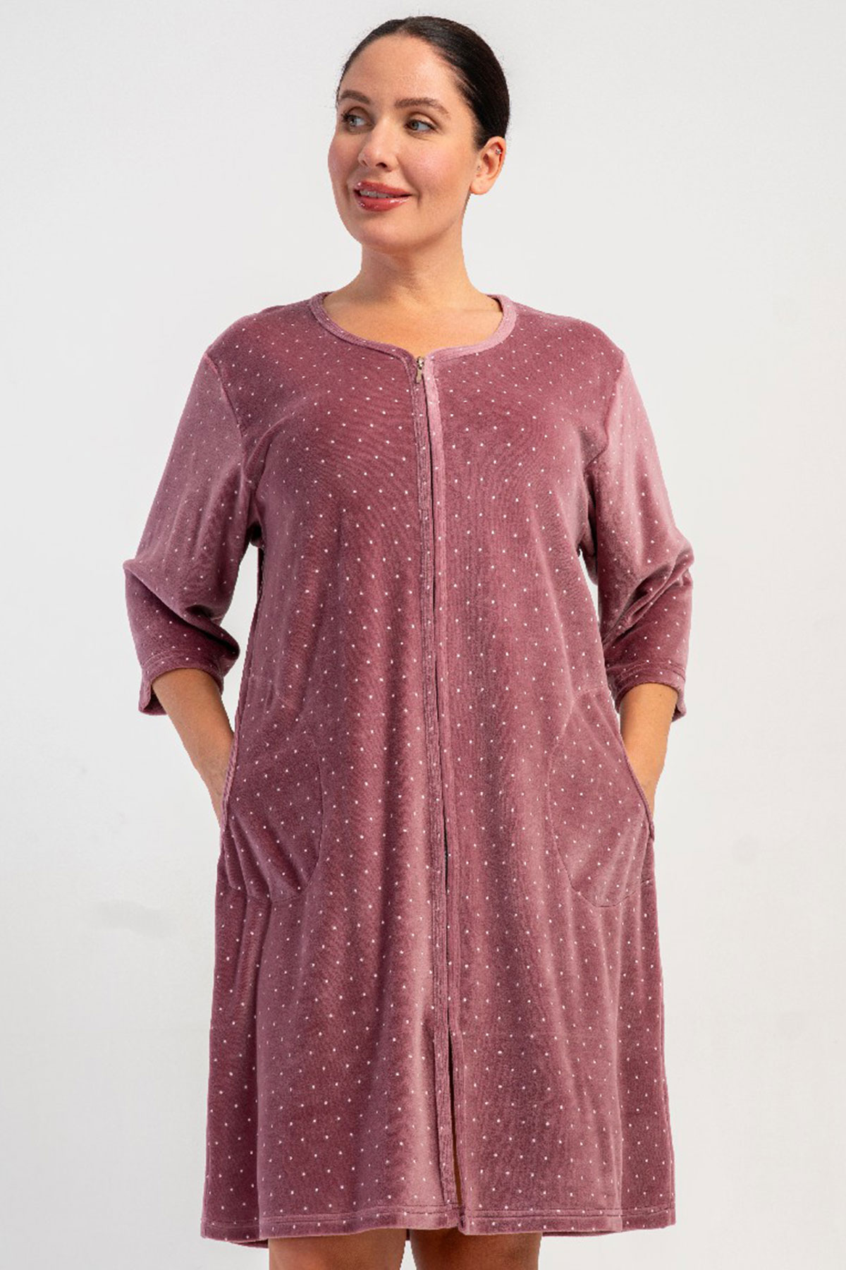 Kadın Pamuk Kadife büyük Beden Fakir Kol Fermuarlı Ev Elbisesi
