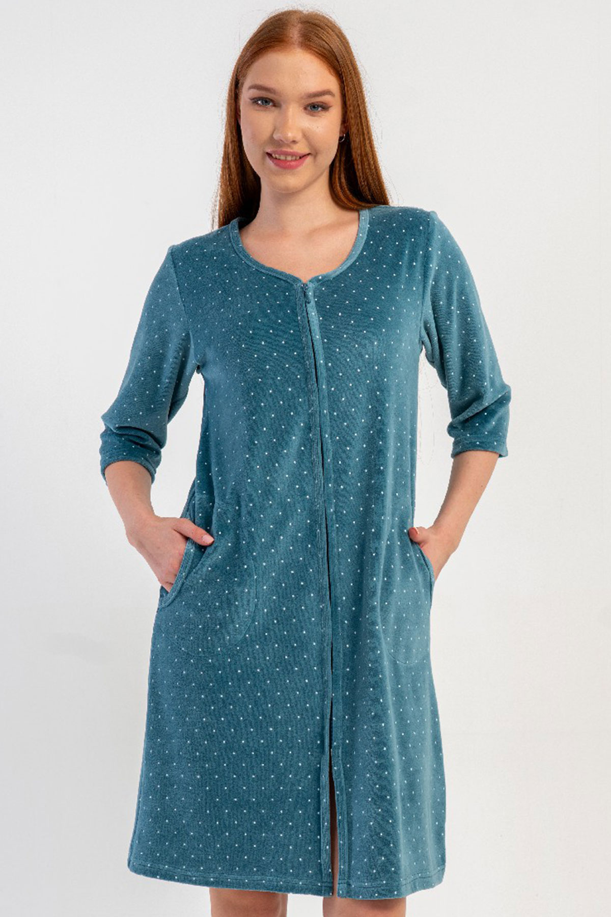 Kadın Pamuk Kadifefakir Kol Fermuarlı Ev Elbisesi
