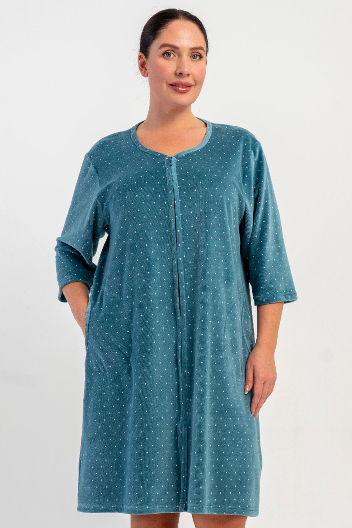 Kadın Pamuk Kadifebüyük Beden Fakir Kol Fermuarlı Ev Elbisesi
