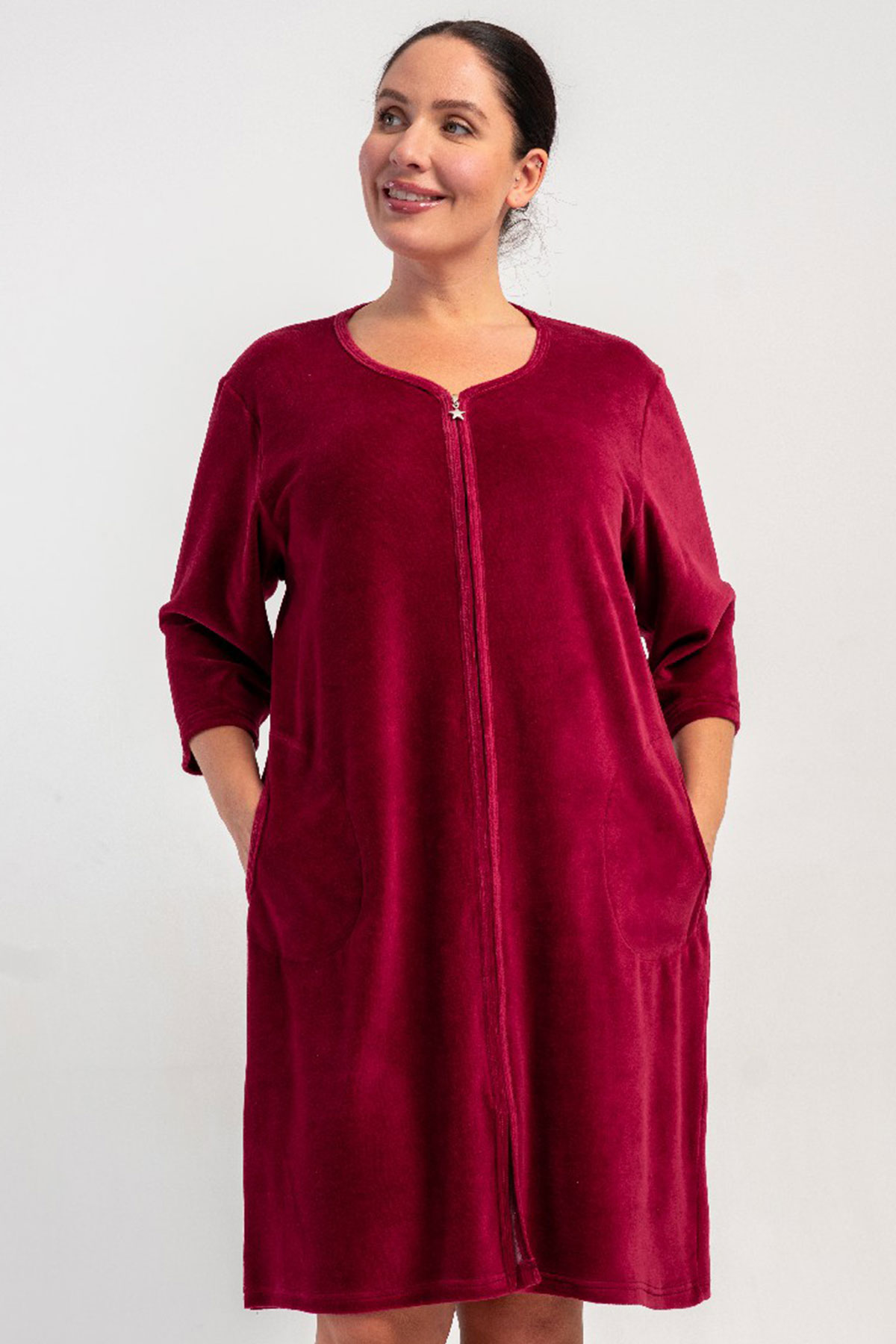 Kadın Pamuk Kadife büyük Beden Fakir Kol Fermuarlı Ev Elbisesi
