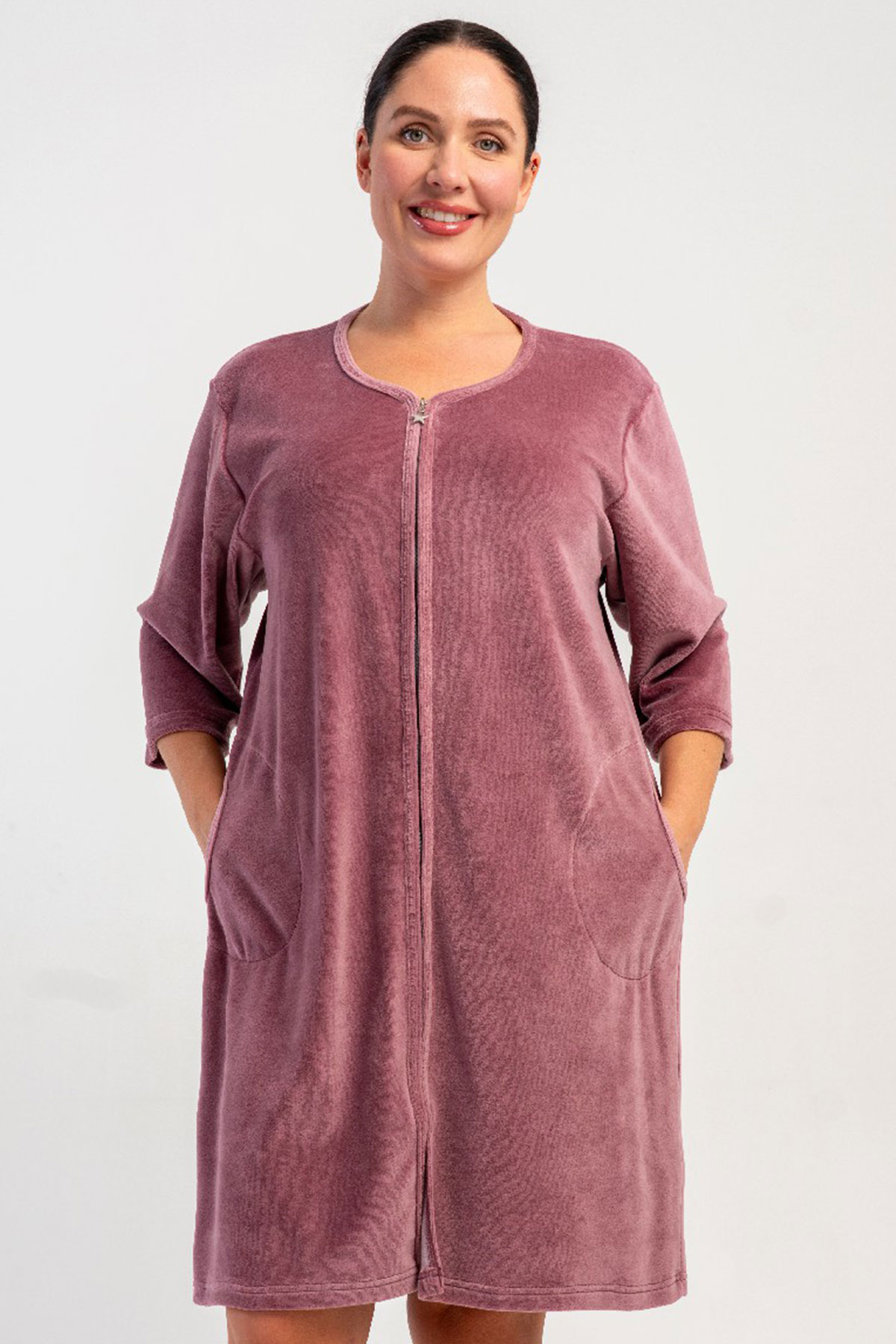 Kadın Pamuk Kadife büyük Beden Fakir Kol Fermuarlı Ev Elbisesi
