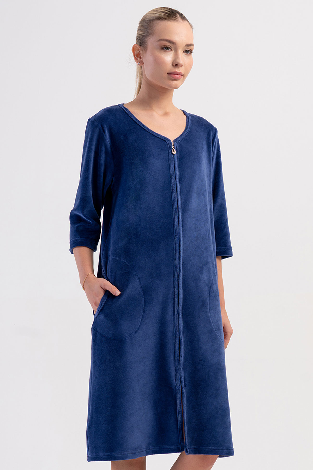 Pamuklu Kadın Pamuk Kadifefakir Kol Fermuarlı Ev Elbisesi
