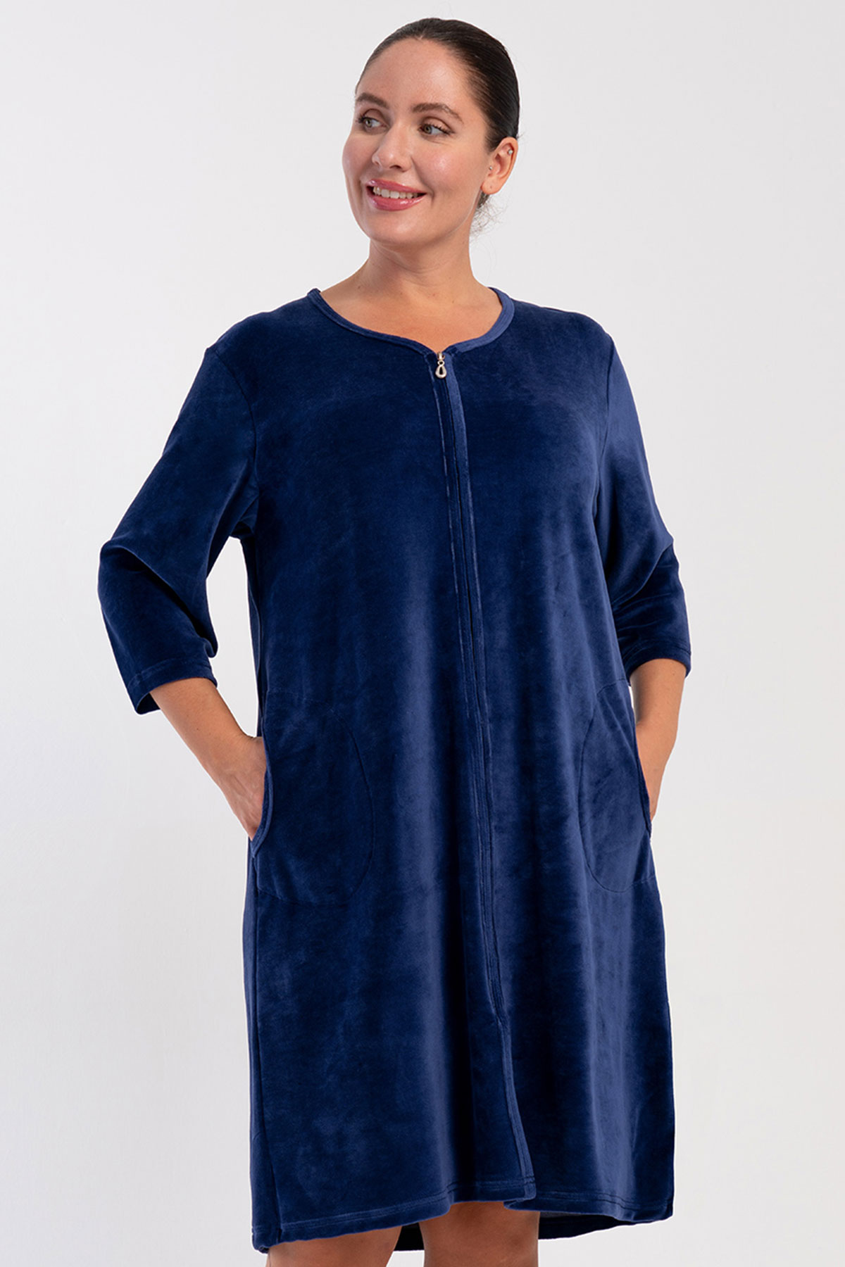 Kadın Pamuk Kadifebüyük Beden Fakir Kol Fermuarlı Ev Elbisesi
