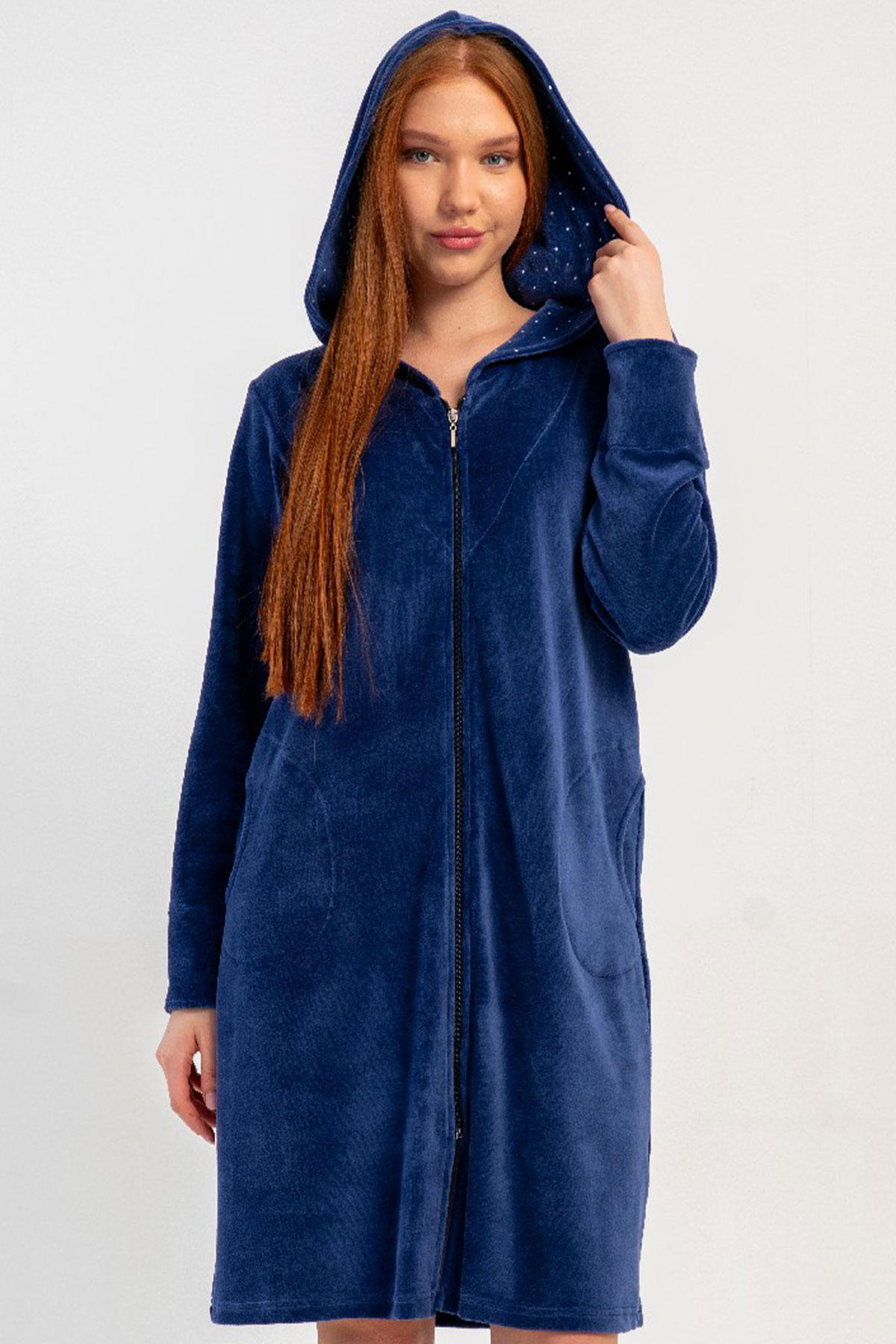 Kadın Pamuk Kadife uzun Kol Fermuarlı Kapsonlu Ev Elbisesi
