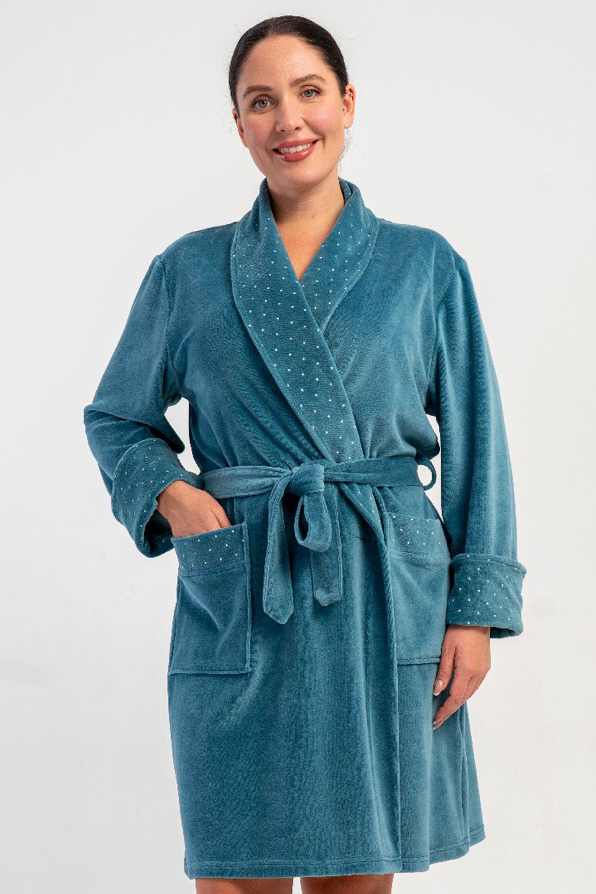 Kadın Pamuk Kadife büyük Beden Uzun Kol Sal Yaka Sabahlık
