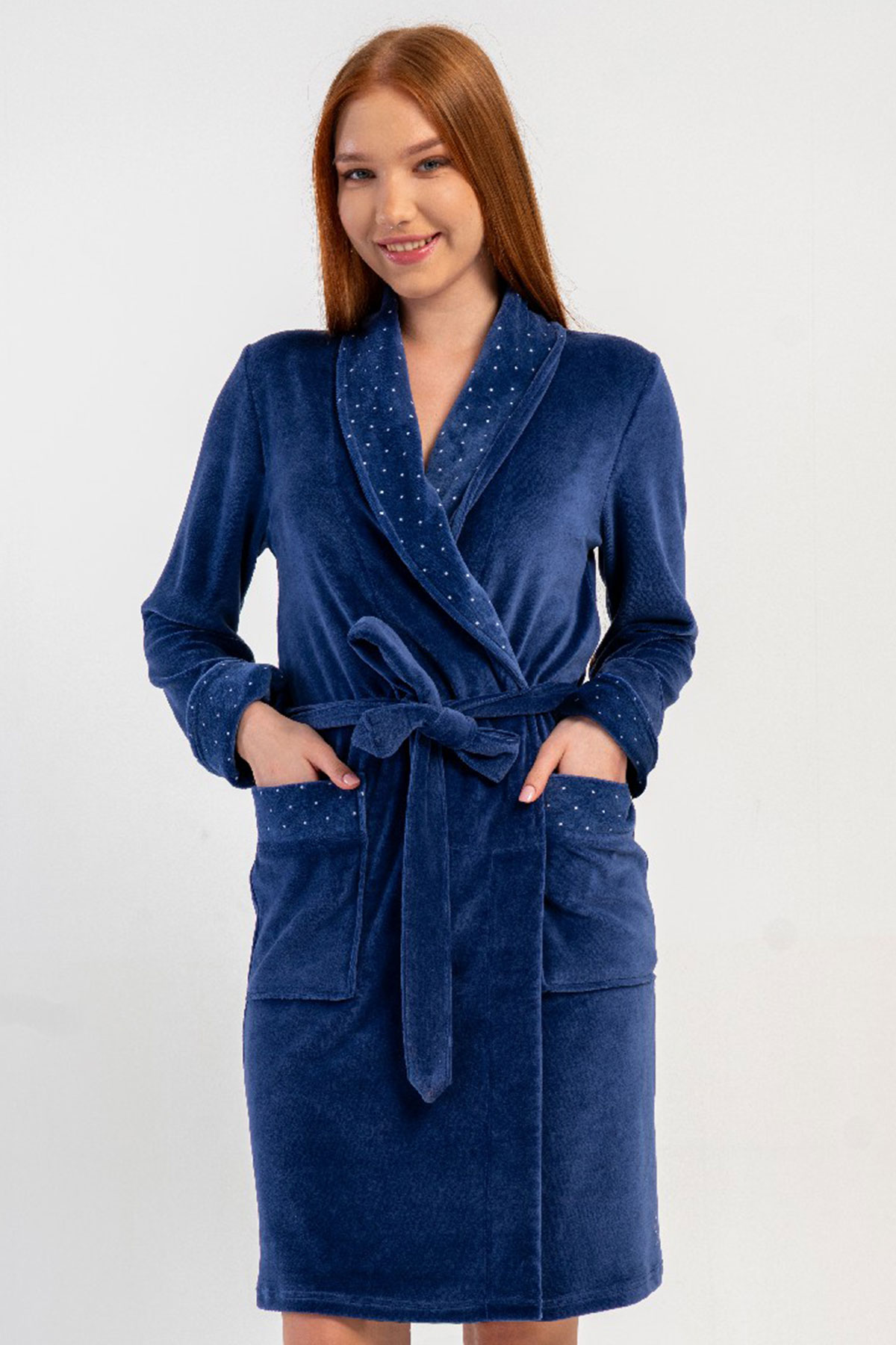 Pamuklu Kadın Pamuk Kadife uzun Kol Sal Yaka Sabahlık
