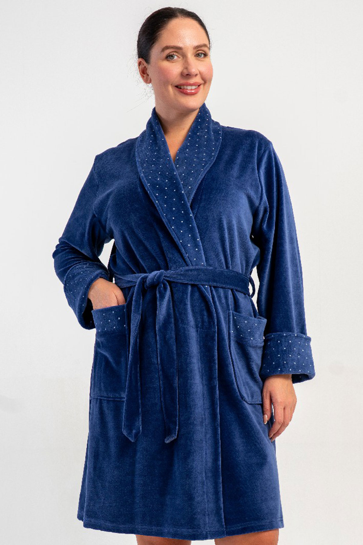 Pamuklu Kadın Pamuk Kadife büyük Beden Uzun Kol Sal Yaka Sabahlık
