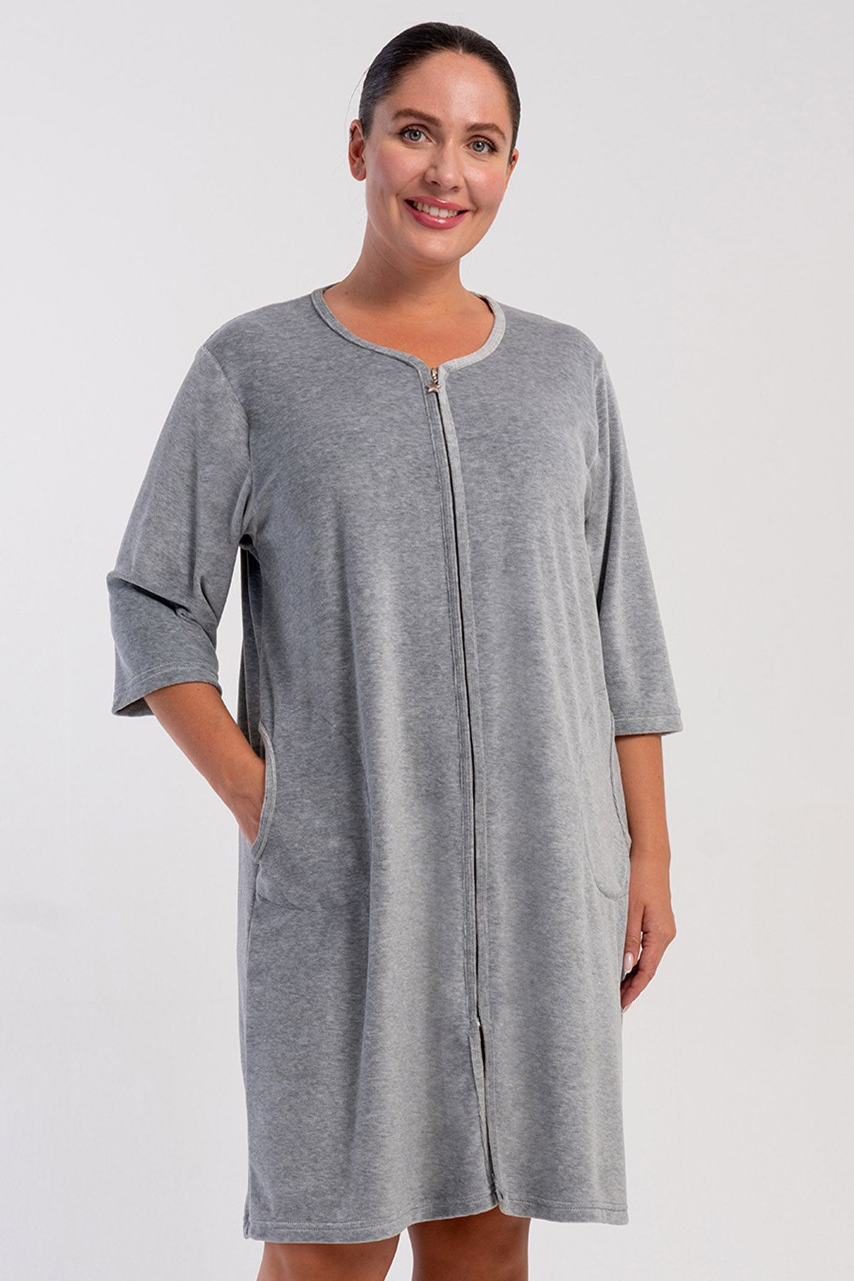 Kadın Pamuk Kadife büyük Beden Fakir Kol Fermuarlı Ev Elbısesı
