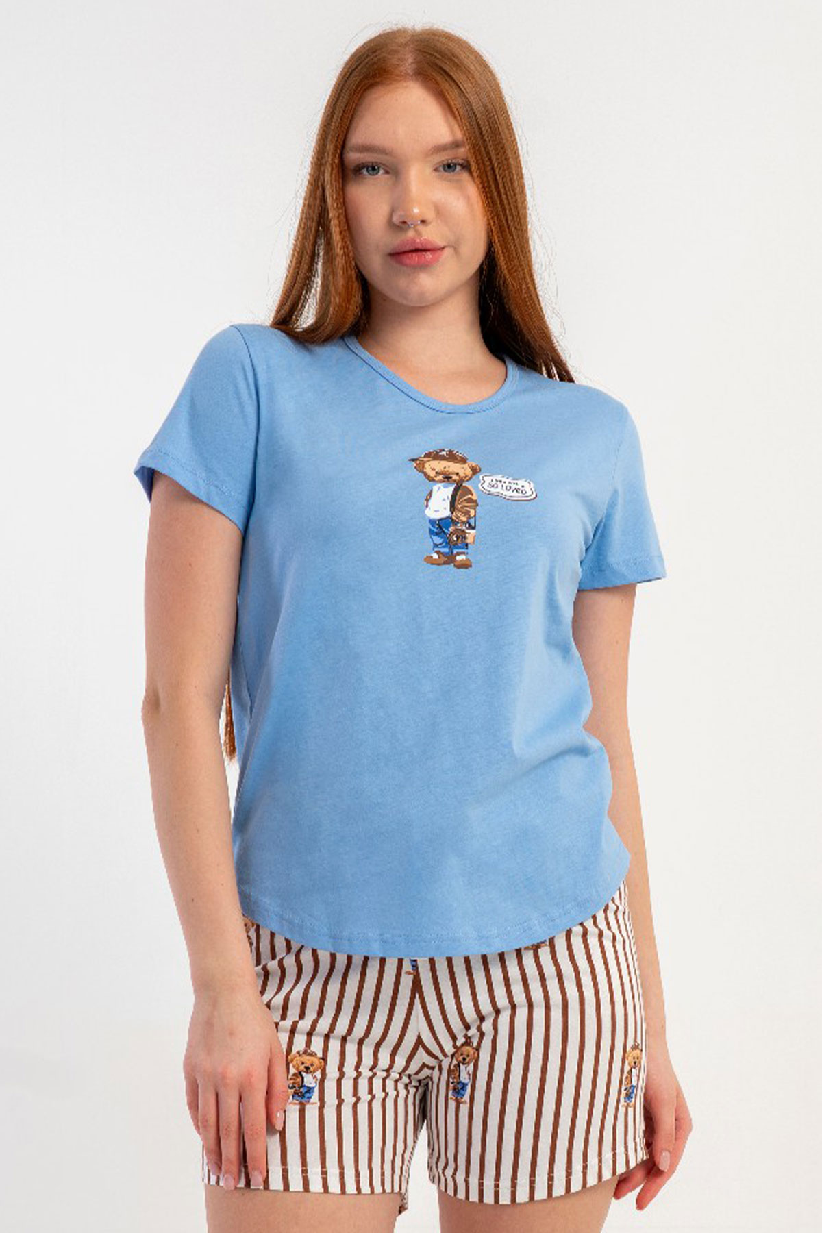 Pamuklu Kadın Bısıklet Yaka Kısa Kol Şortlu Pijama Takım
