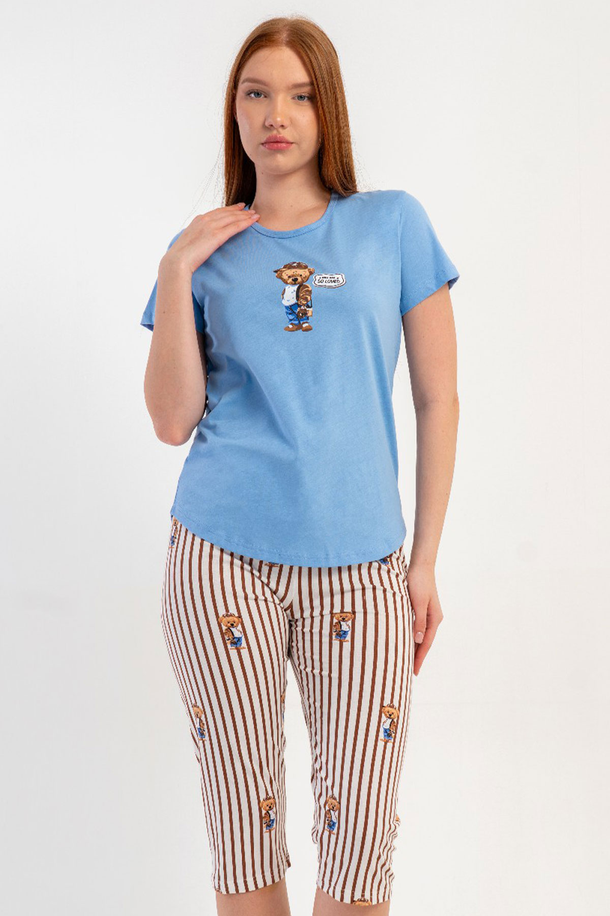 Pamuklu Kadın Bısıklet Yaka Kısa Kol Kaprili Pijama Takım
