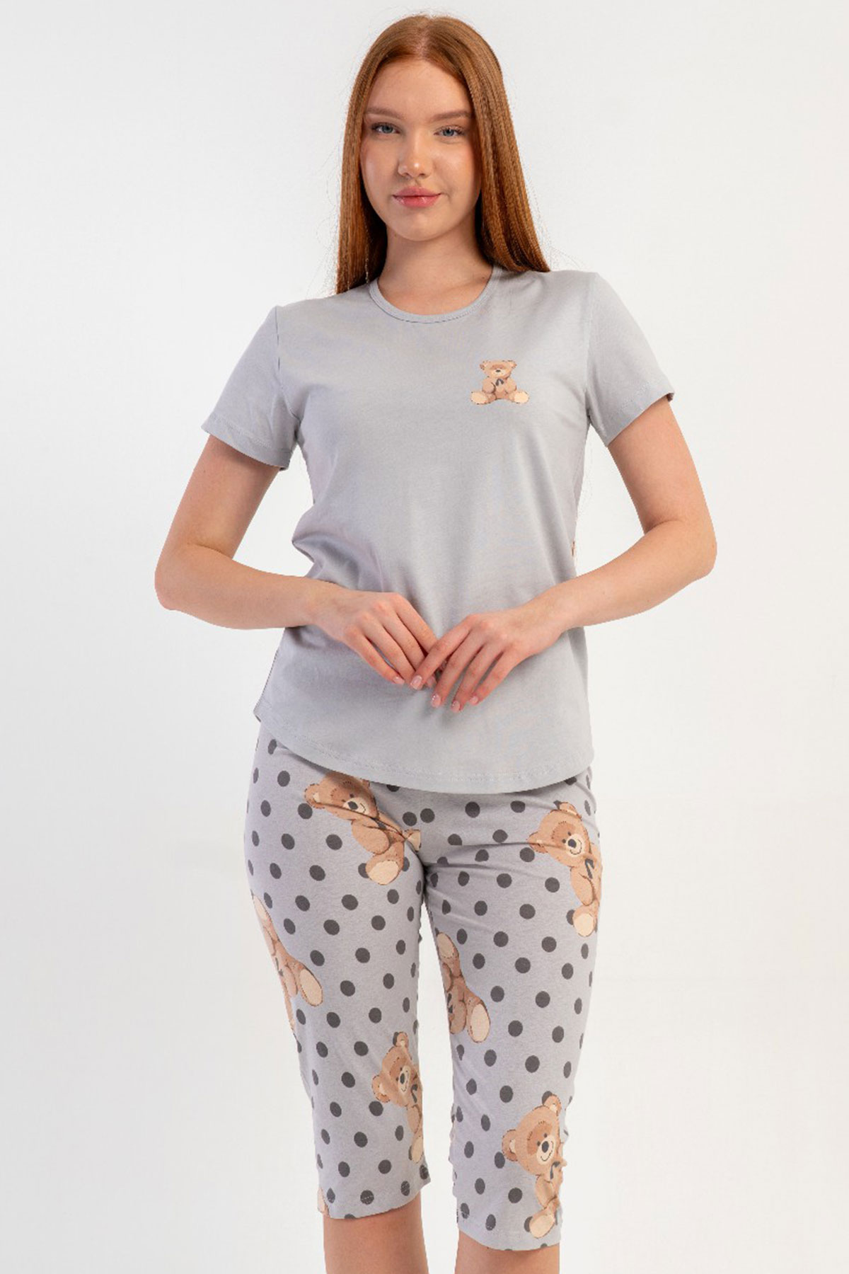 Pamuklu Kadın Kısa Kol Kaprili Pijama Takım
