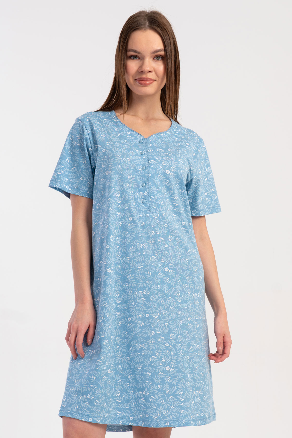 Pamuklu Kadın Düğmeli Kısa Kol Krosetalı Gecelik
