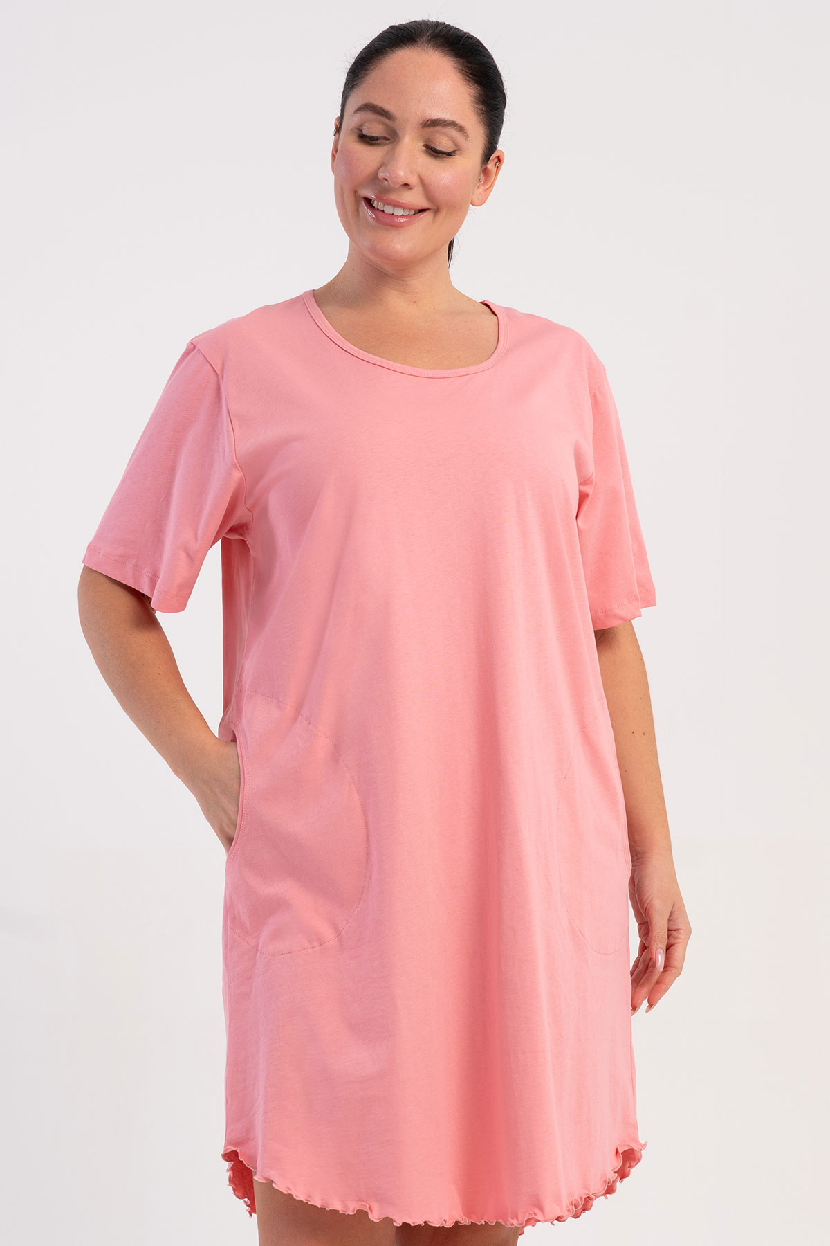 Pamuklu Kadın Büyük Beden Bısıklet Yaka Kısa Kol Gecelik
