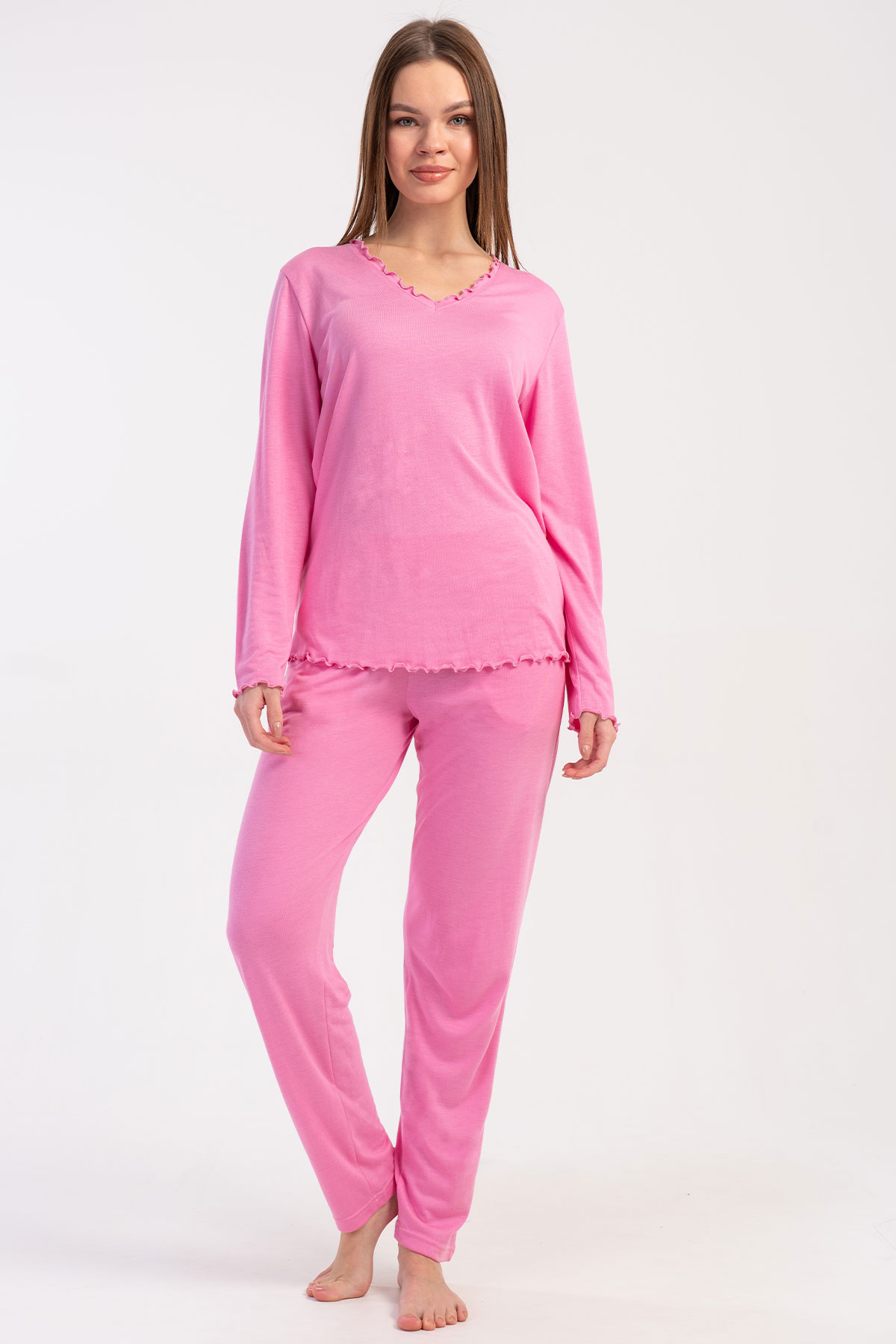 Kadın Vıskon Uzun Kol Uzun Paca Yaka Ve Kol Ucu Pijama Takım
