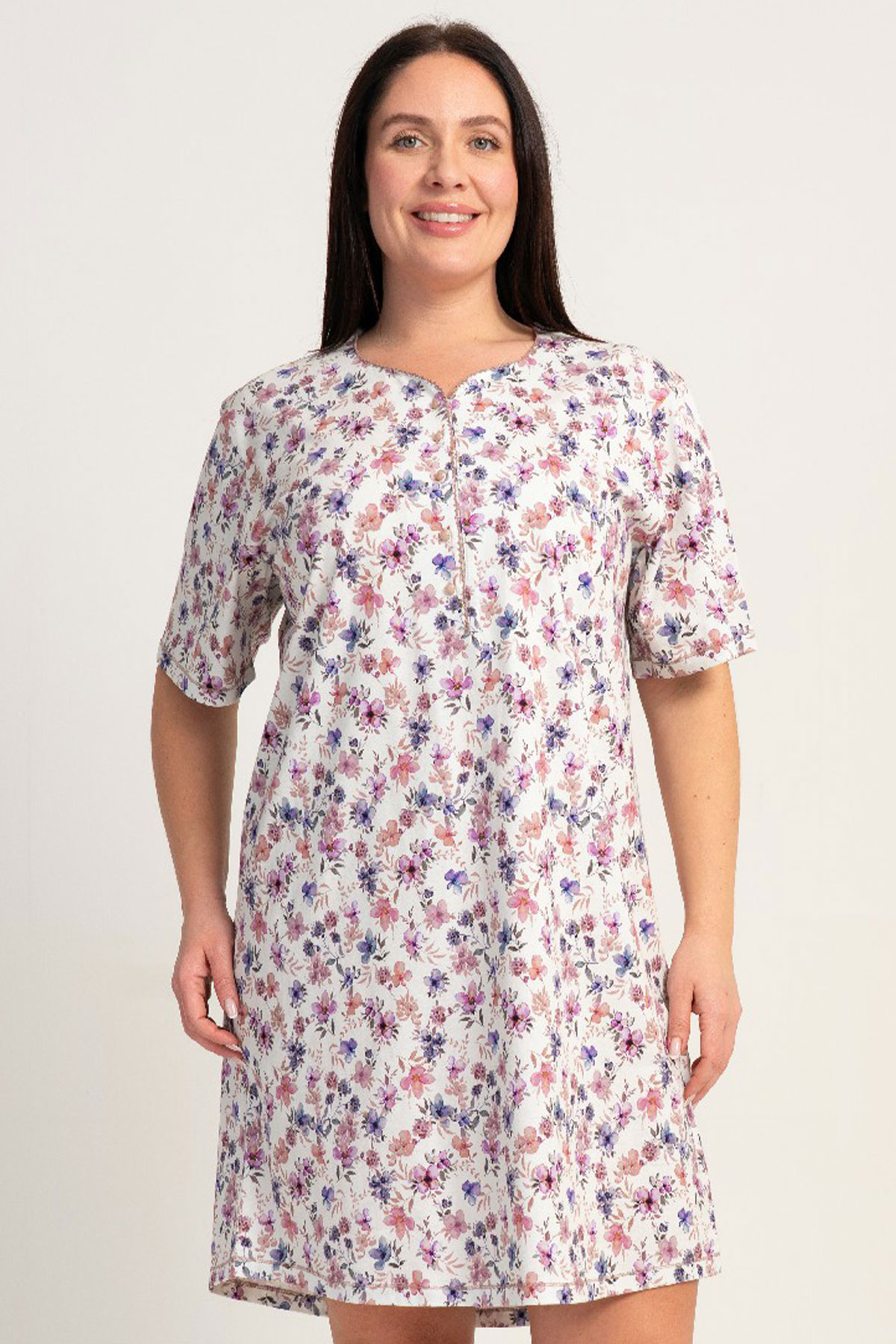 Pamuklu Kadın Büyük Beden Düğmeli Kısa Kol Krosetalı Gecelik
