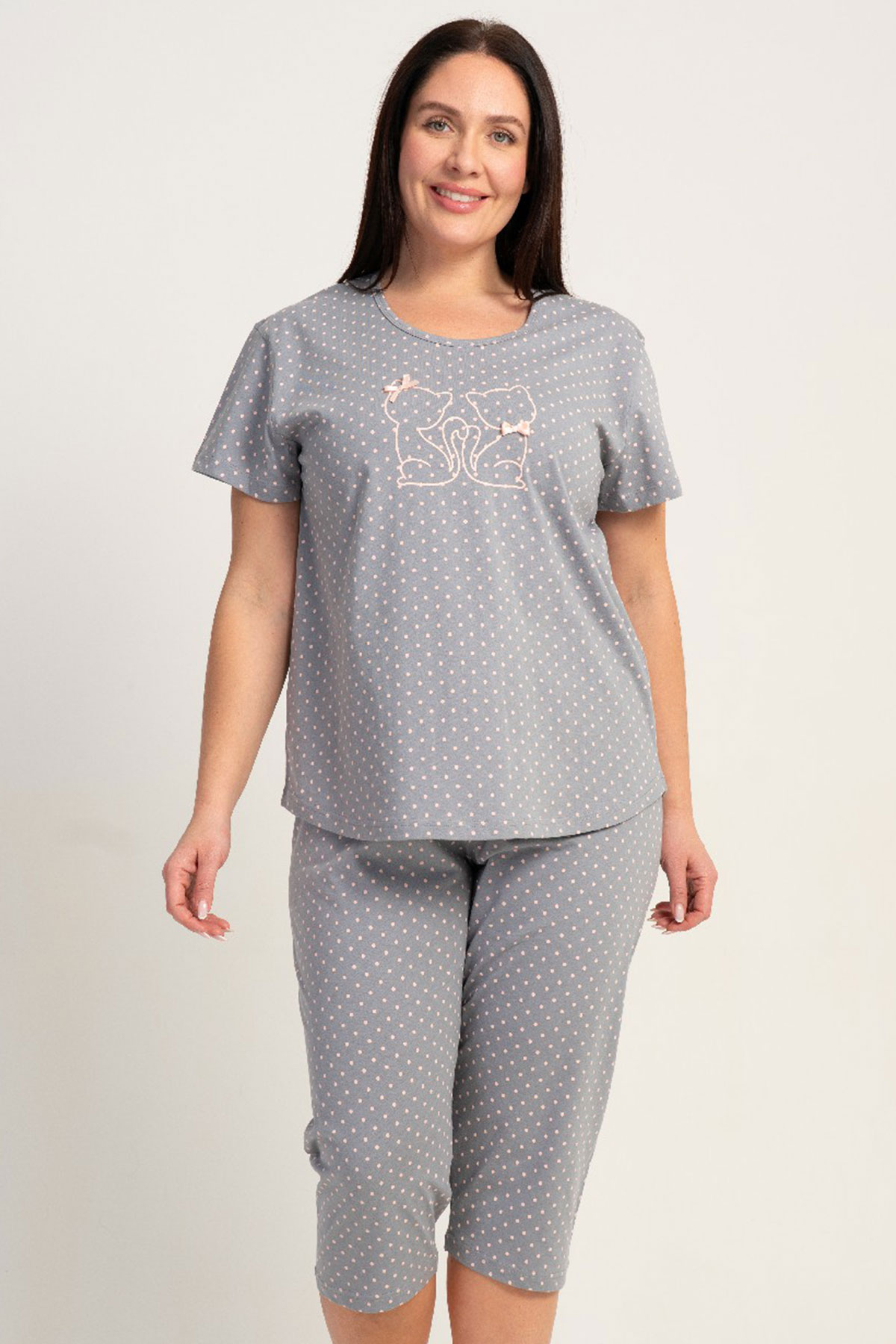 Pamuklu Kadın Büyük Beden Kısa Kol Kaprili Pijama Takım
