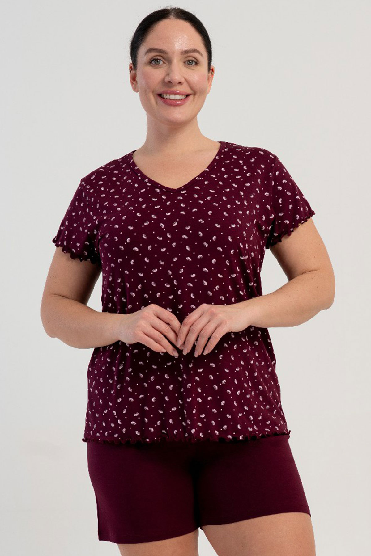 Kadın Vıscon Büyük Beden V Yaka Kısa Kol Şortlu Pijama Takım
