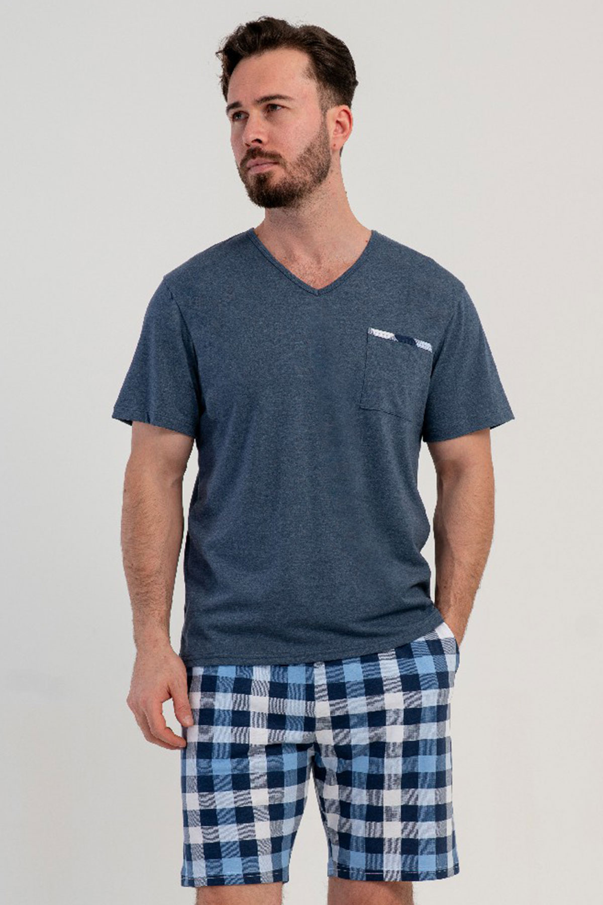 Erkek Büyük Beden V Yaka Kısa Kol Şortlu Pijama Takım
